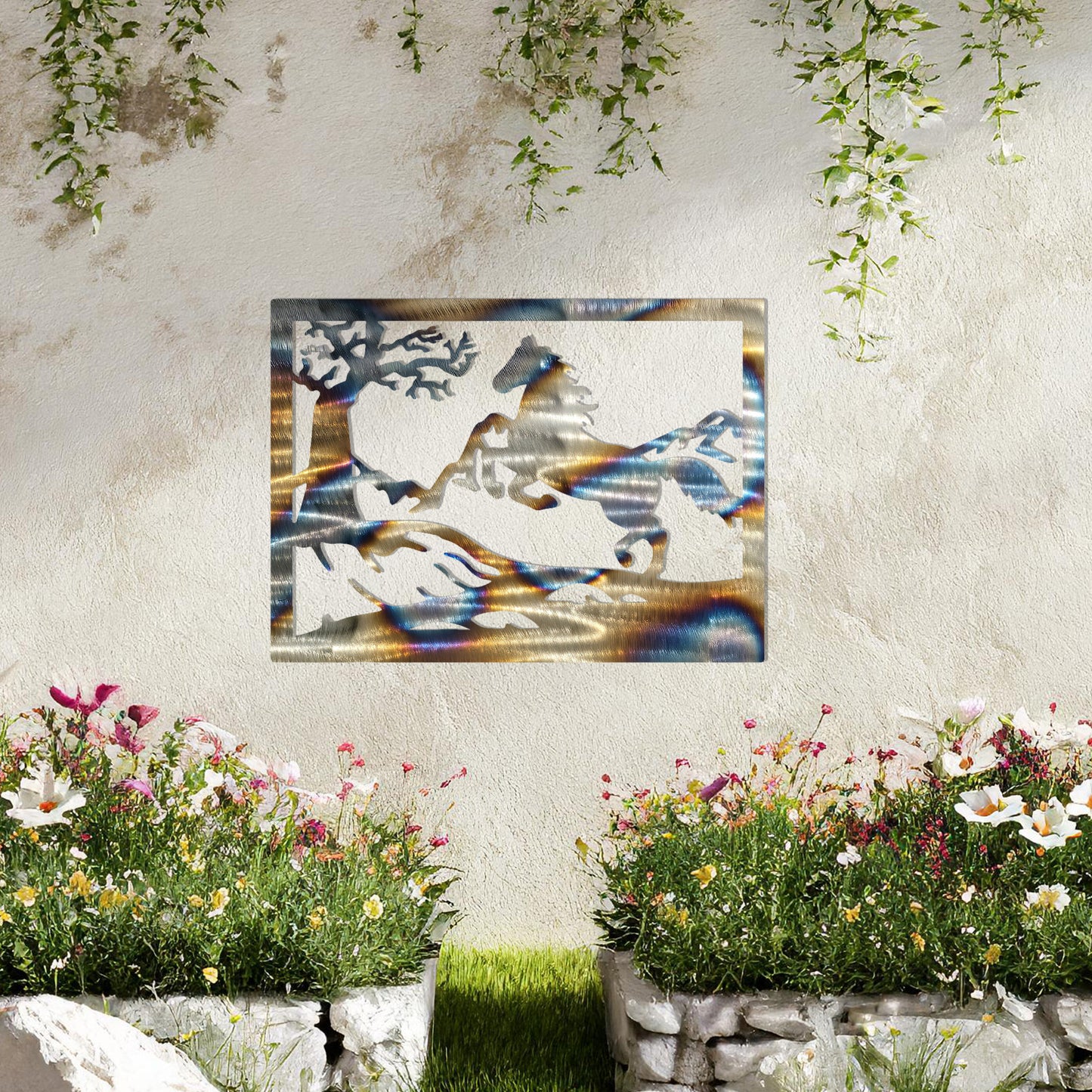 This wall art design depicts a majestic horse rearing up on a hillside, surrounded by a tree and mountain scenery, all encapsulated within a rectangular frame. A perfect addition for nature lovers and equestrian enthusiasts.