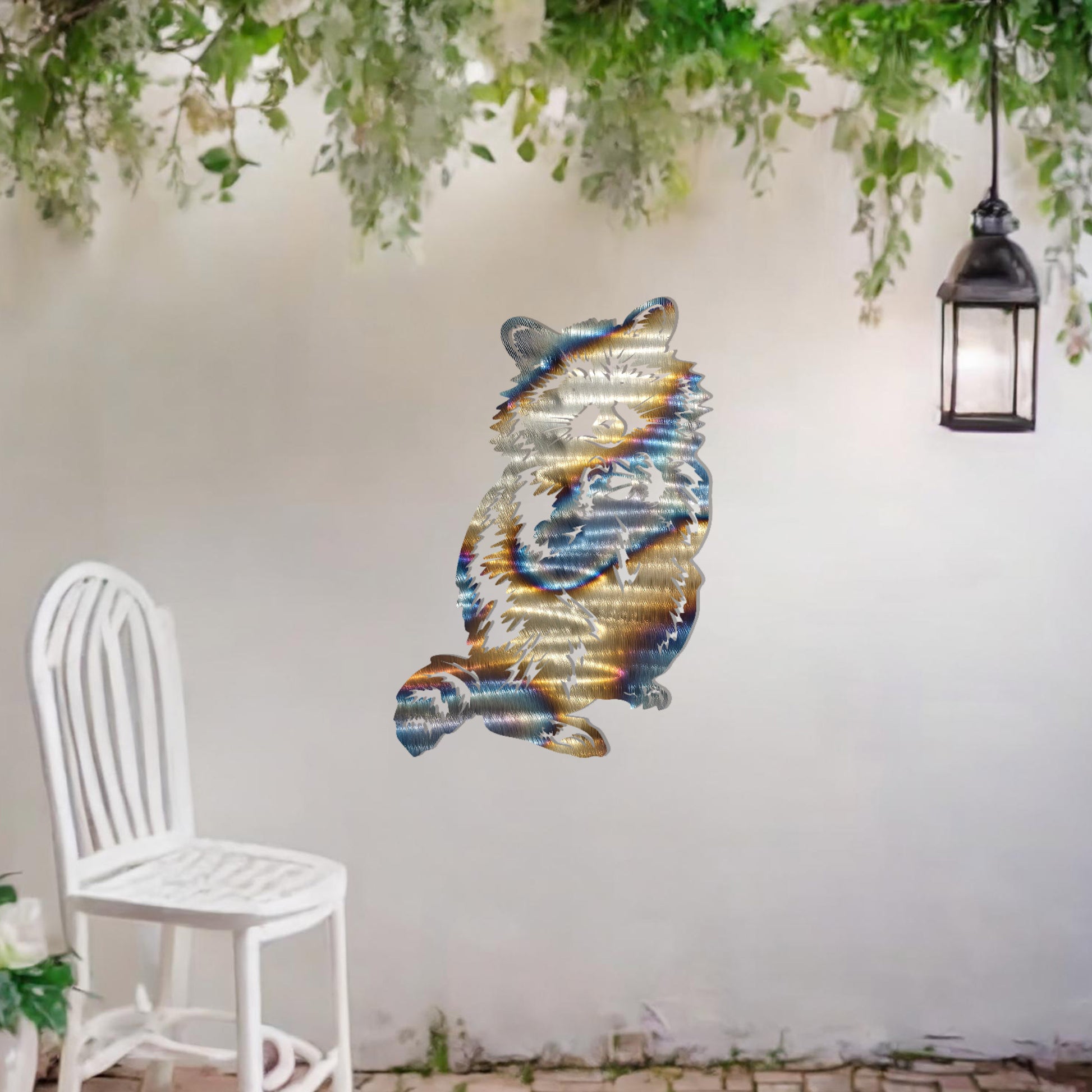A metal wall art piece featuring a detailed raccoon design, evoking charm and playfulness. This adorable artwork adds a whimsical touch to modern or rustic settings, harmonising beautifully with natural decor elements.