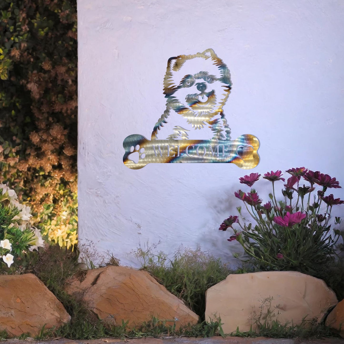 Metal Pomeranian dog design with a bone-shaped 'WELCOME' text and paw prints, perfect for adding a friendly and welcoming touch to entryways or outdoor spaces.
