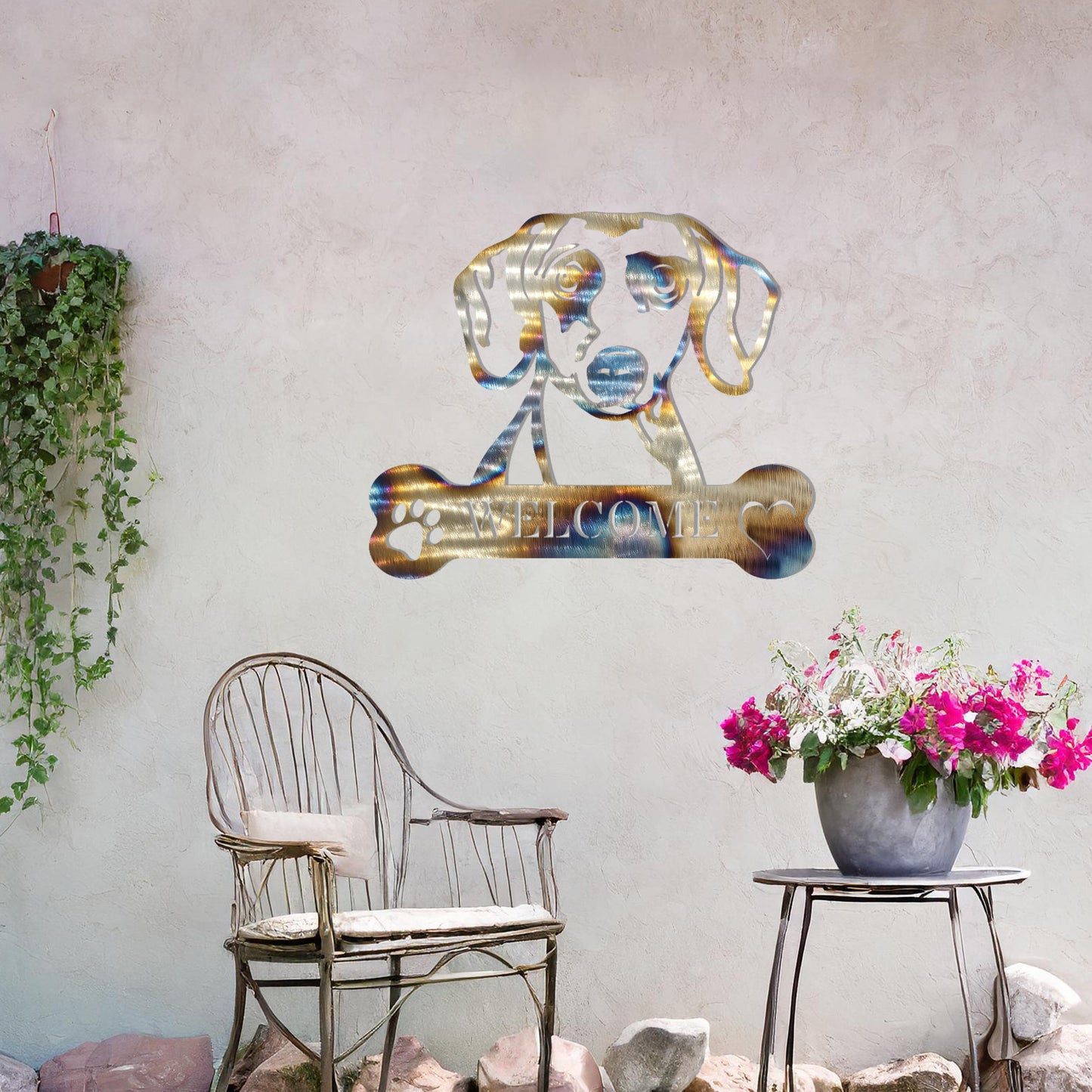 Metal Dachshund dog design with a bone-shaped 'WELCOME' text and paw prints, perfect for adding a charming and welcoming touch to entryways or outdoor spaces.