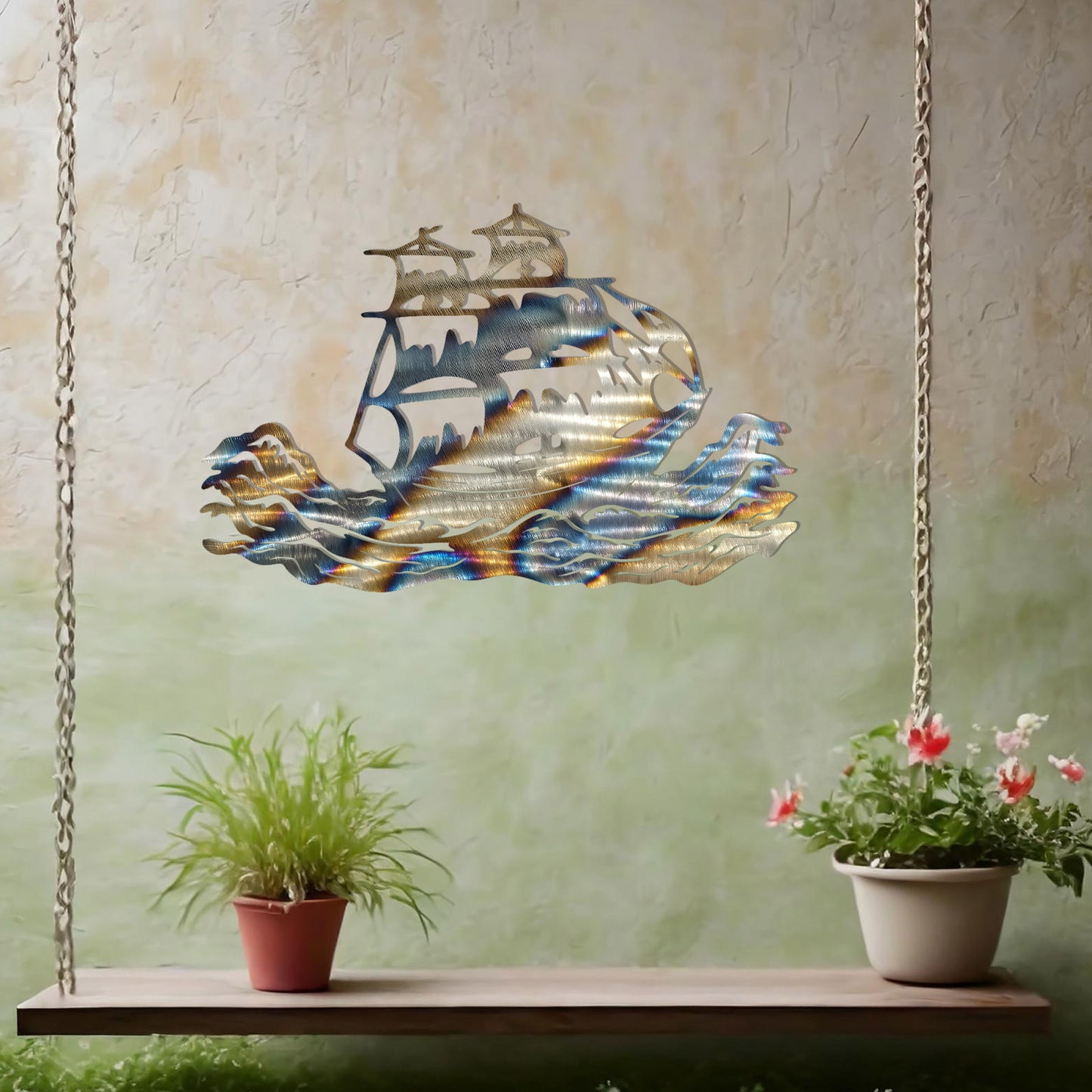 This design features an elegant silhouette of a sailing ship braving dynamic ocean waves, capturing a sense of adventure and exploration. The intricate details of the ship's sails and rigging make it a striking and timeless piece of decor.