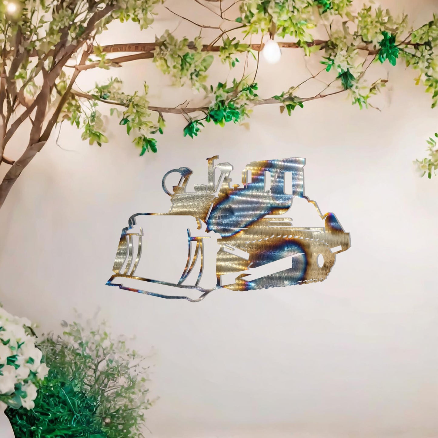 This wall art showcases a finely detailed depiction of a bulldozer, emphasising its powerful structure and sharp contours. A perfect addition for enthusiasts of heavy machinery or industrial-themed spaces.