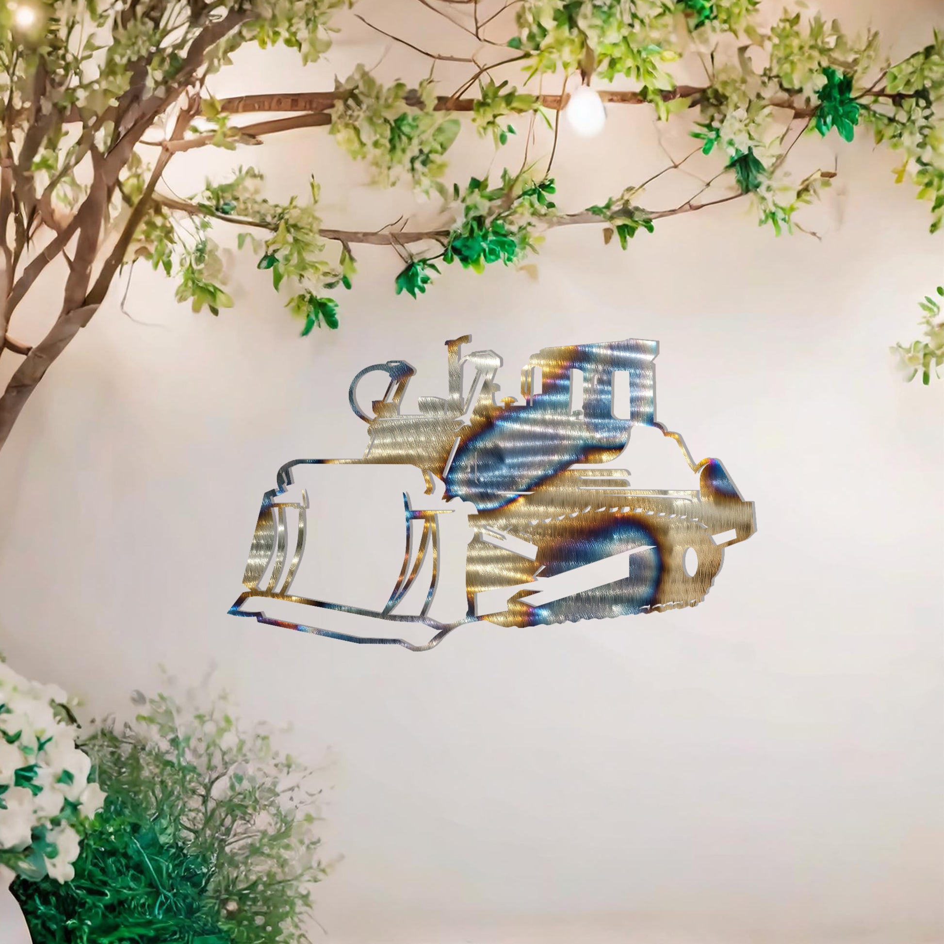 This wall art showcases a finely detailed depiction of a bulldozer, emphasising its powerful structure and sharp contours. A perfect addition for enthusiasts of heavy machinery or industrial-themed spaces.