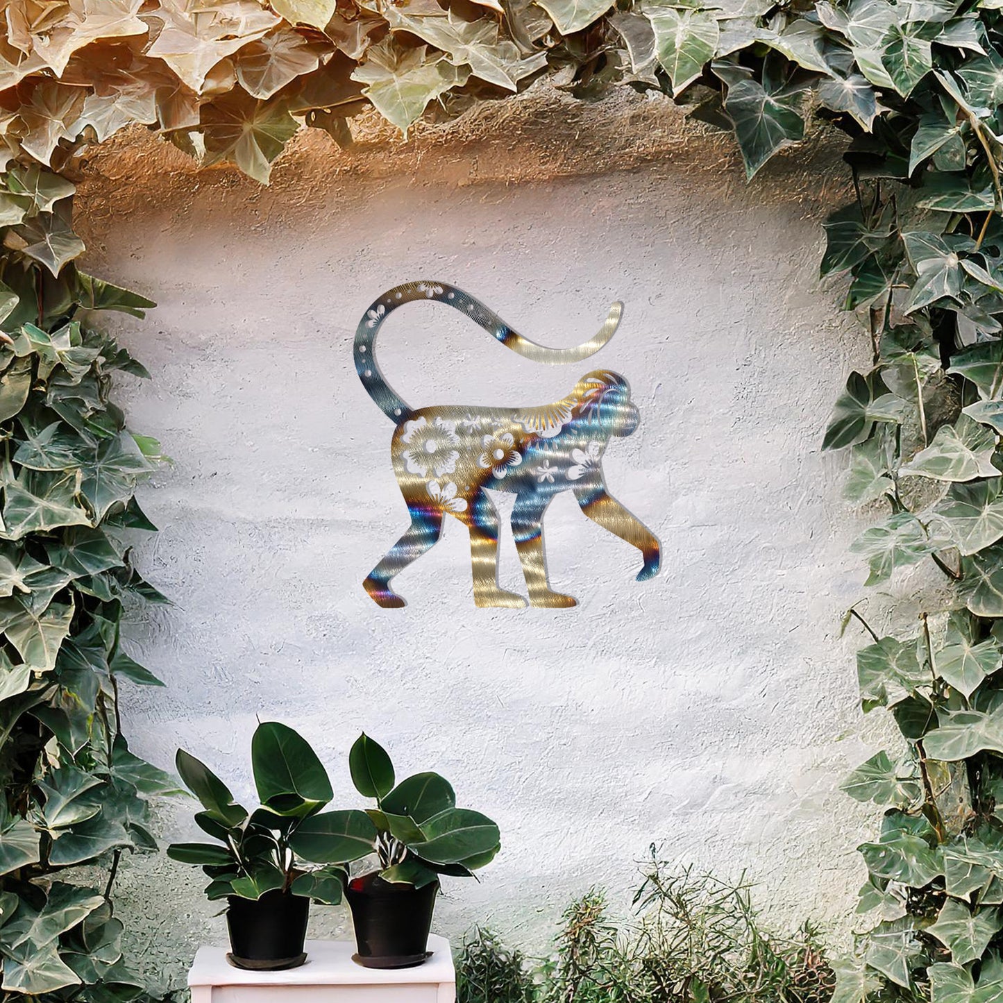This design showcases a playful monkey adorned with floral patterns and intricate details. The artistic use of flowers and decorative elements within the silhouette gives the piece a whimsical and elegant charm, perfect for enhancing indoor or outdoor settings with a tropical or exotic theme.