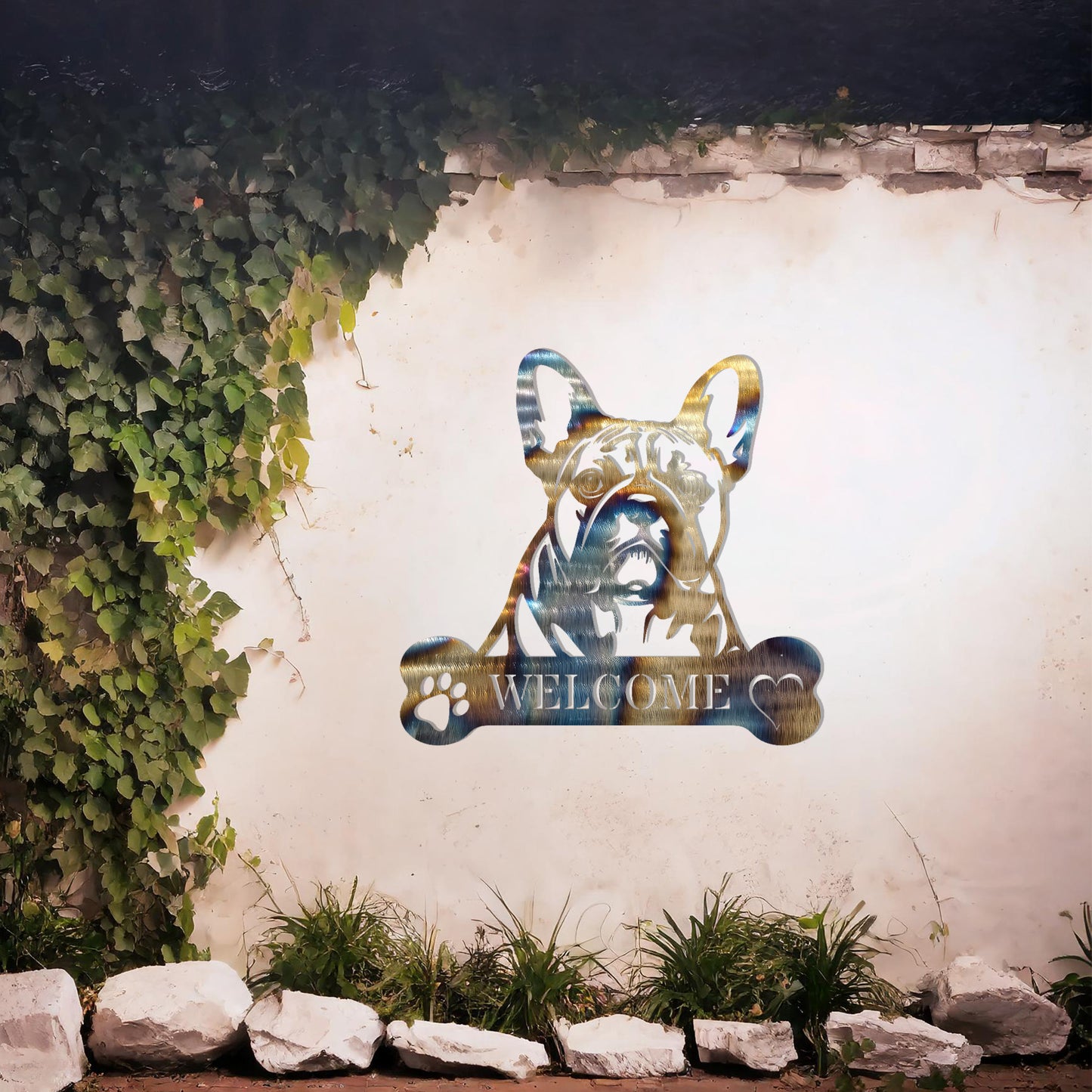 Metal French Bulldog design with a bone-shaped 'WELCOME' text and paw prints, perfect for adding a charming and welcoming touch to entryways or outdoor spaces.