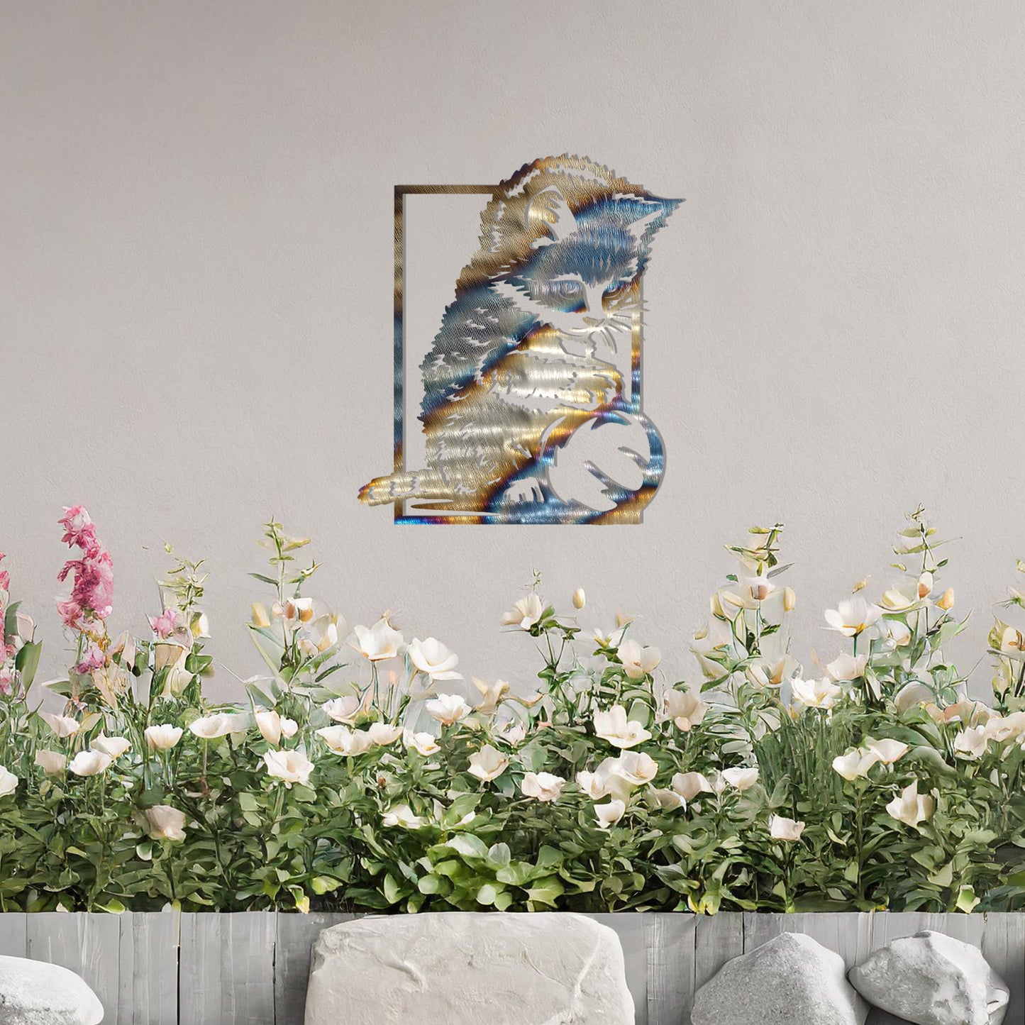 This is a cute metal wall art design featuring a playful kitten sitting and playing with a ball. The design captures the cat's natural curiosity and playful spirit, making it a perfect addition for cat lovers or for adding a touch of whimsy to a space