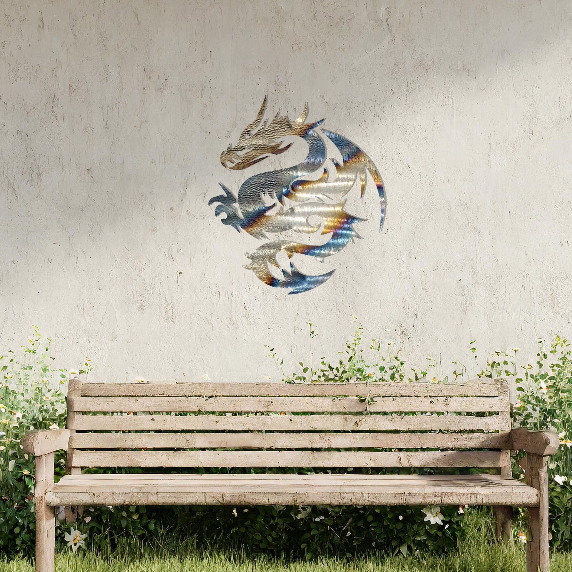 A bold metal wall art design featuring a stylised dragon in a dynamic pose, showcasing intricate curves and sharp details that capture its fierce and mythical essence.