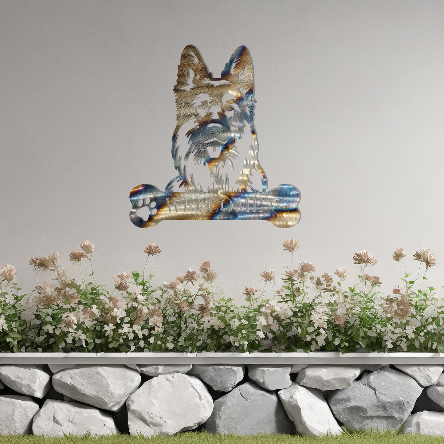 Metal German Shepherd dog design with a bone-shaped 'WELCOME' text and paw prints, perfect for adding a strong and welcoming touch to entryways or outdoor spaces.