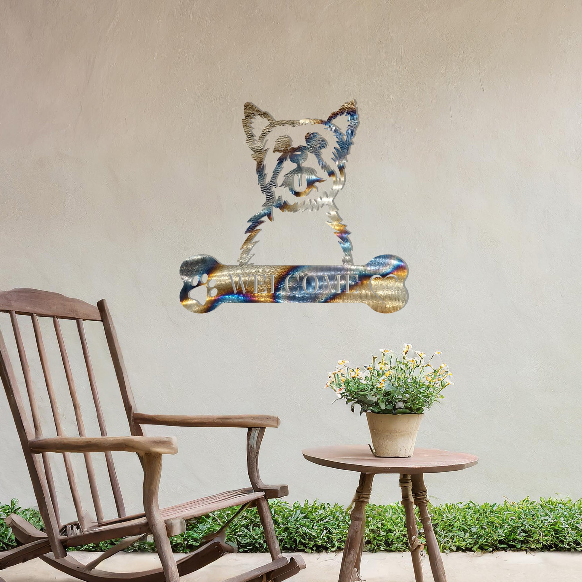 Metal Yorkshire Terrier dog design with a bone-shaped 'WELCOME' text and paw prints, perfect for adding a cheerful and welcoming touch to entryways or outdoor spaces.