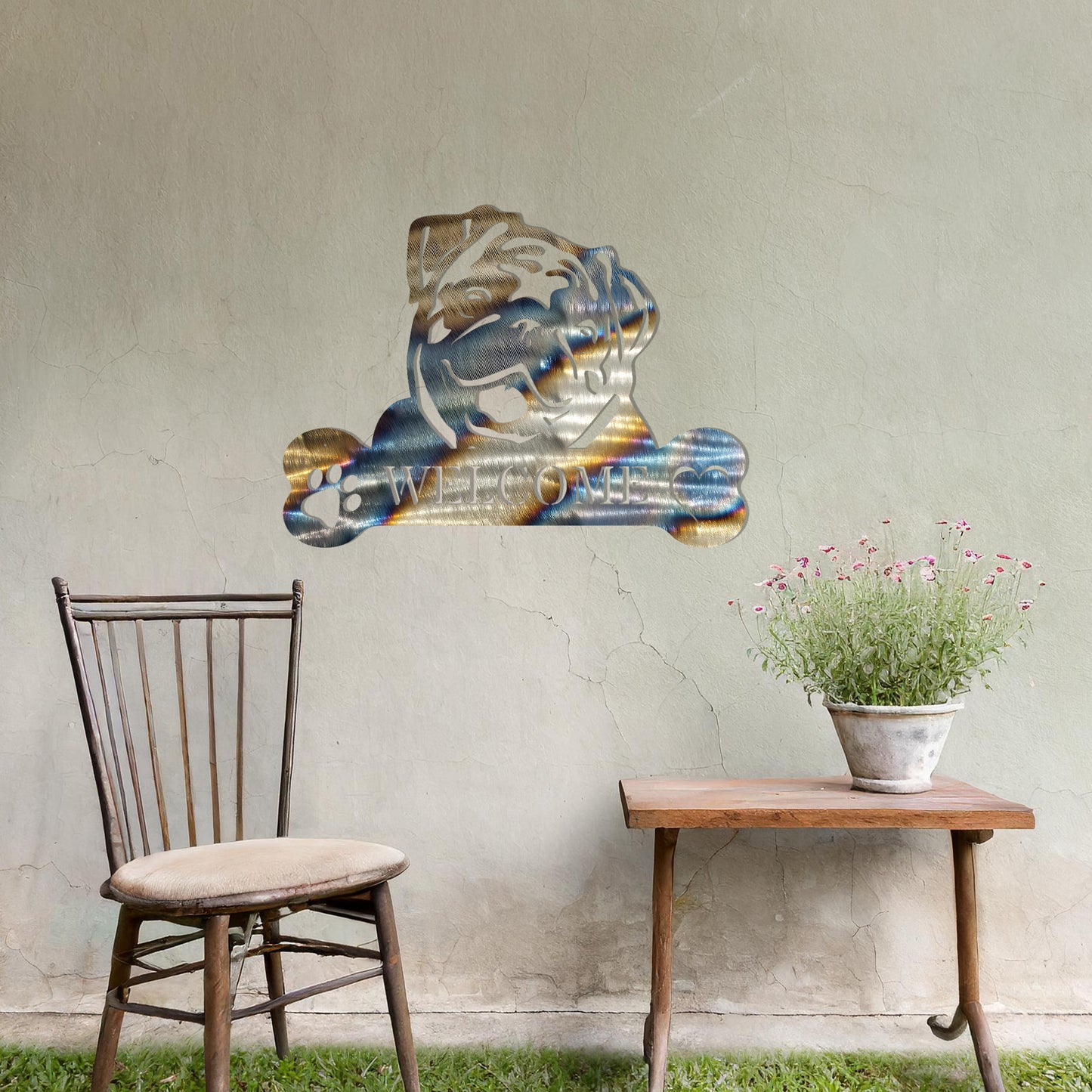Metal Pug dog design with a bone-shaped 'WELCOME' text and paw prints, perfect for adding a friendly and welcoming touch to entryways or outdoor spaces.