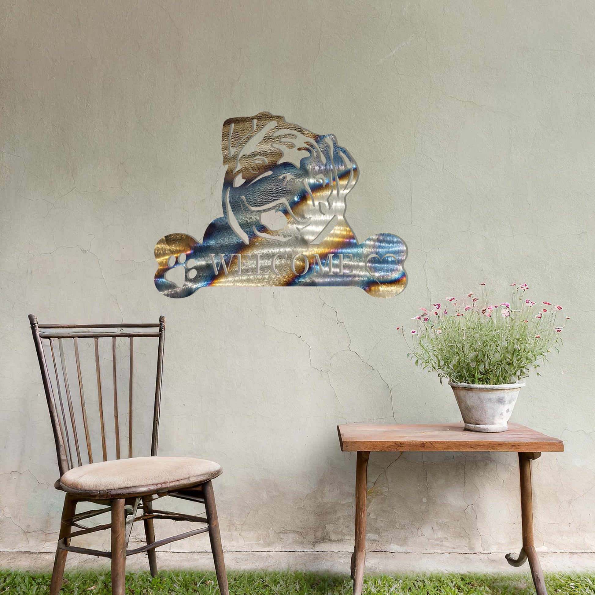 Metal Pug dog design with a bone-shaped 'WELCOME' text and paw prints, perfect for adding a friendly and welcoming touch to entryways or outdoor spaces.