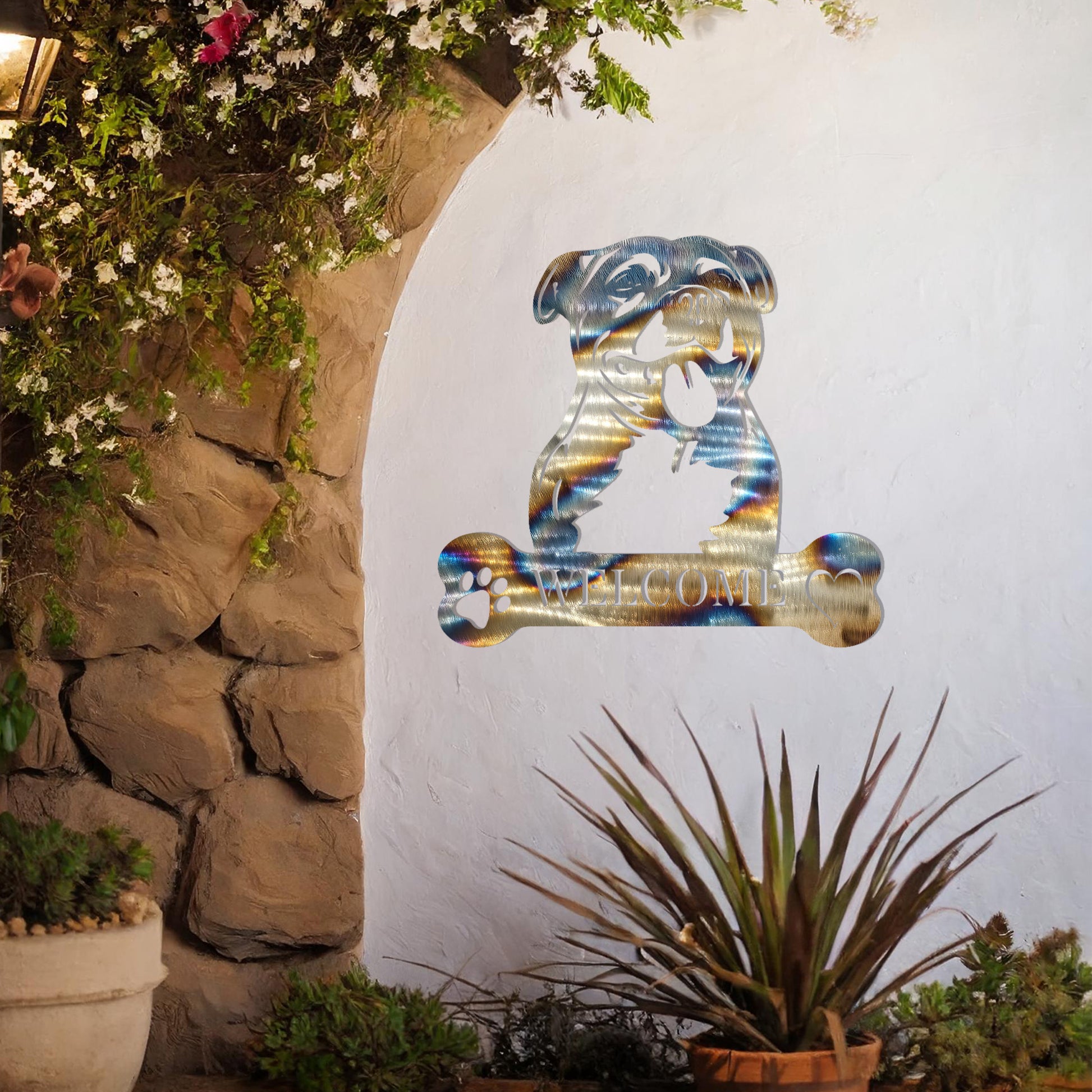 Metal Staff Bull Terrier dog design with a bone-shaped 'WELCOME' text and paw prints, perfect for adding a strong, welcoming touch to entryways or outdoor spaces.