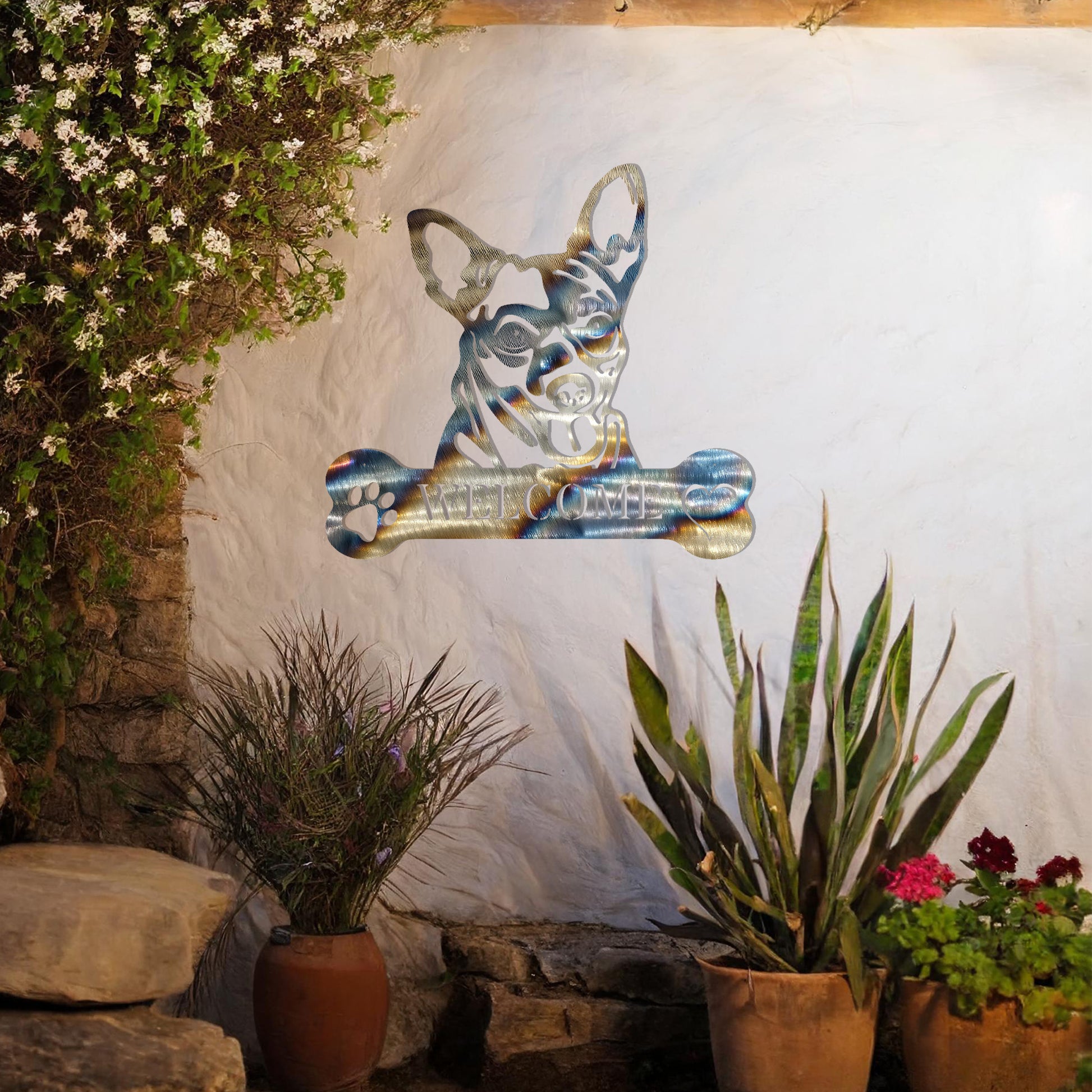Metal Chihuahua dog design with a bone-shaped 'WELCOME' text and paw prints, perfect for adding a cute and welcoming touch to entryways or outdoor spaces.