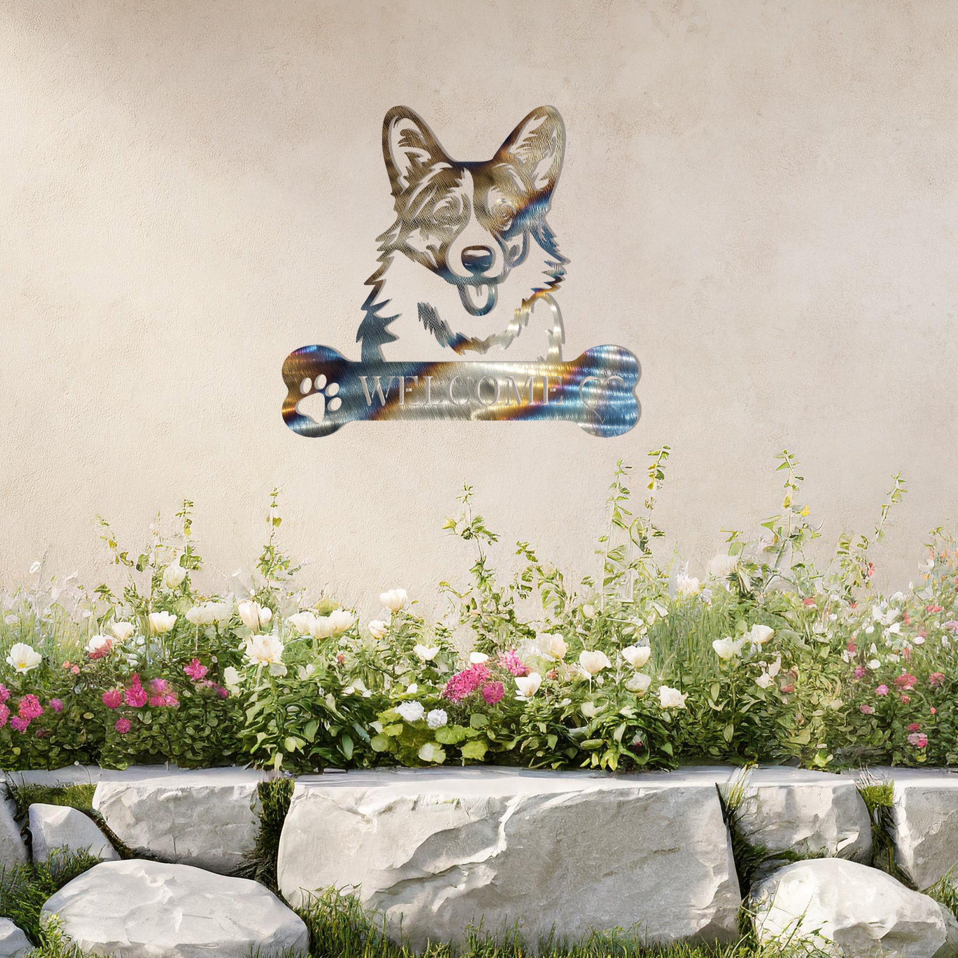 Metal Pembroke Welsh Corgi dog design with a bone-shaped 'WELCOME' text and paw prints, perfect for adding a charming and welcoming touch to entryways or outdoor spaces.