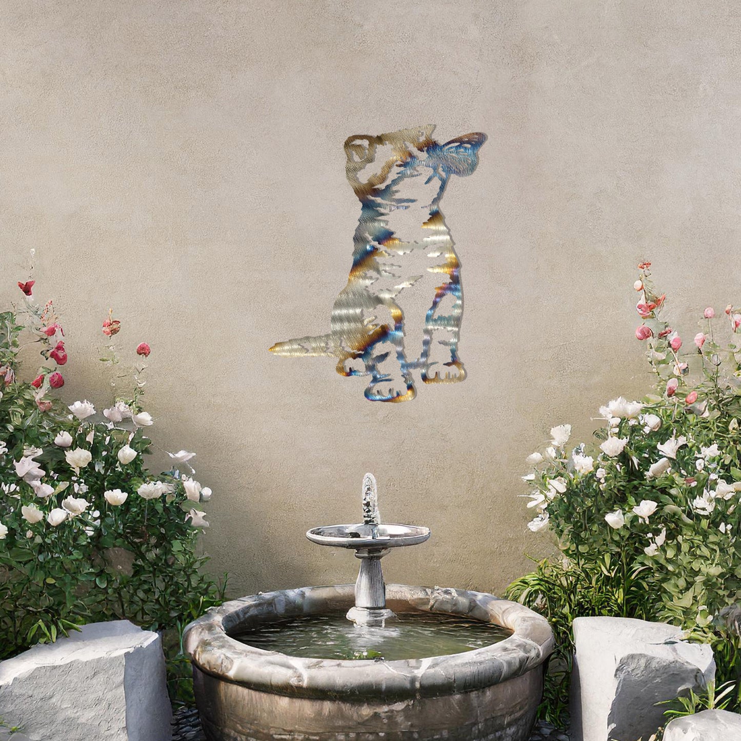 This image shows a playful and endearing design of a kitten interacting with a butterfly. The cat, in a curious and playful pose, captures the essence of feline innocence and charm. It’s a delightful piece of wall art that would add a whimsical touch to any space.