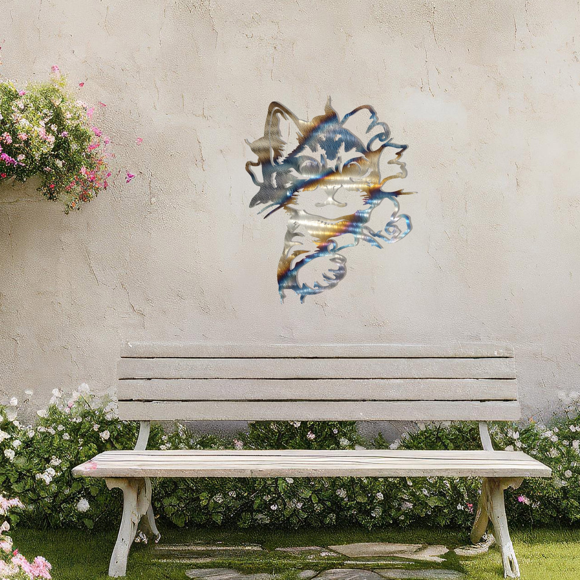 This image showcases a charming metal wall art design of a kitten peeking out from a tear in the wall. The cat's playful and curious expression adds a sense of warmth and whimsy, making it a delightful addition to any space, especially for animal lovers.