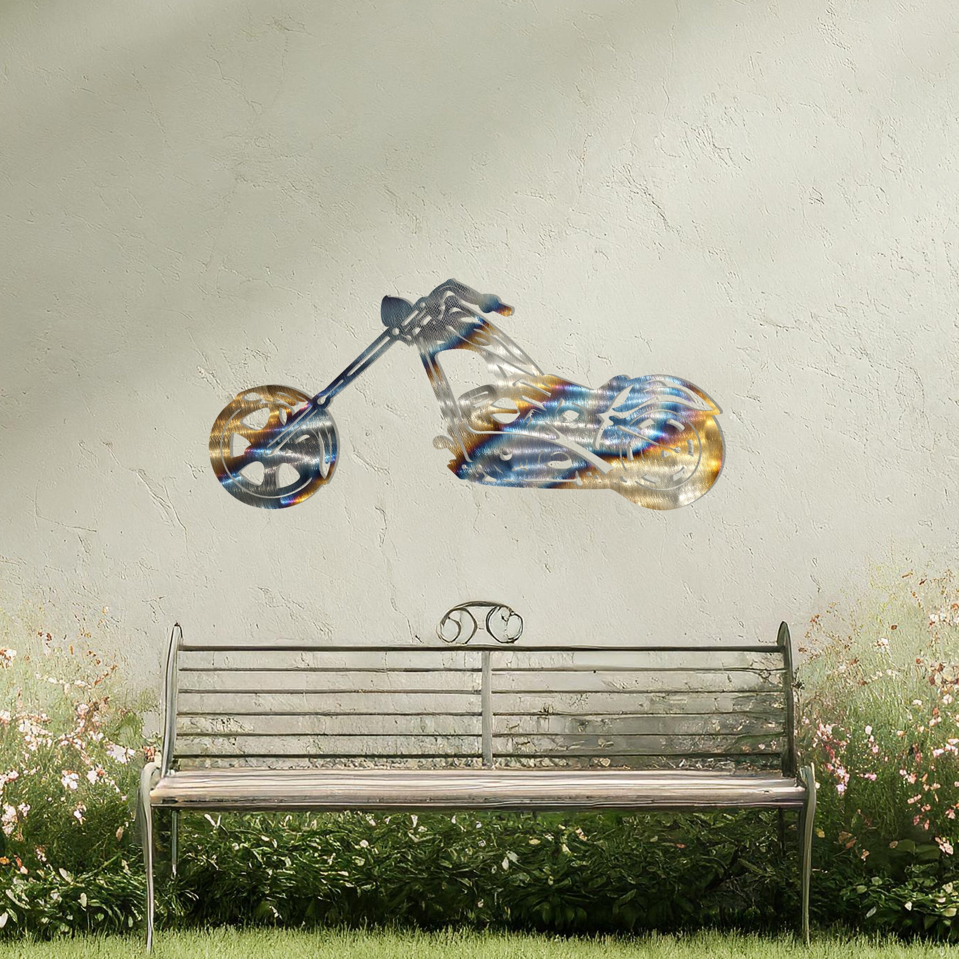 This design features a sleek and detailed silhouette of a chopper motorcycle, highlighting its distinct long handlebars and low frame. A bold and stylish piece of wall art, perfect for motorbike enthusiasts or adding a rugged vibe to any space.