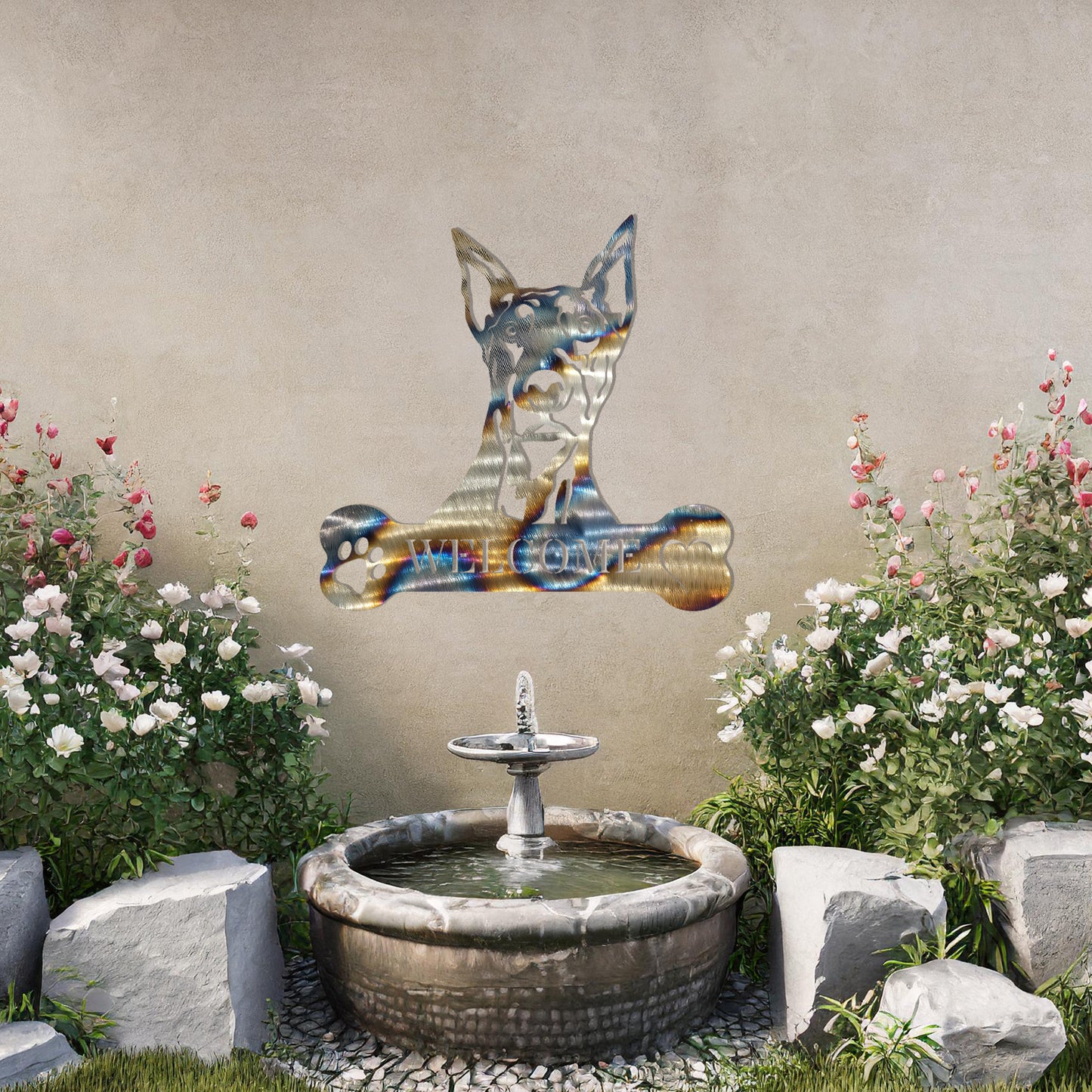 Metal Doberman dog design with a bone-shaped 'WELCOME' text and paw prints, perfect for adding a strong and welcoming touch to entryways or outdoor spaces.