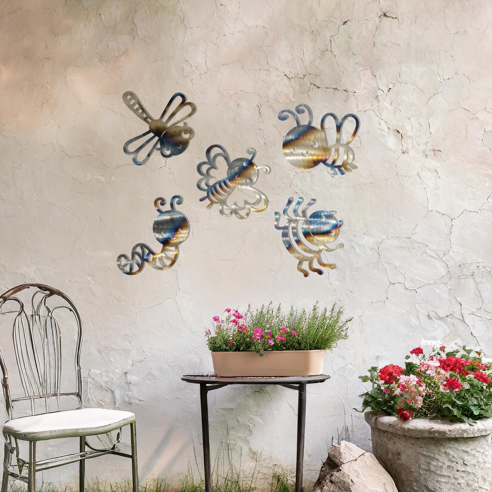 This delightful design set features a collection of cute insects, including a dragonfly, butterfly, bee, caterpillar, and spider, each crafted with whimsical details and playful expressions. Perfect for adding a cheerful, nature-inspired touch to any space.