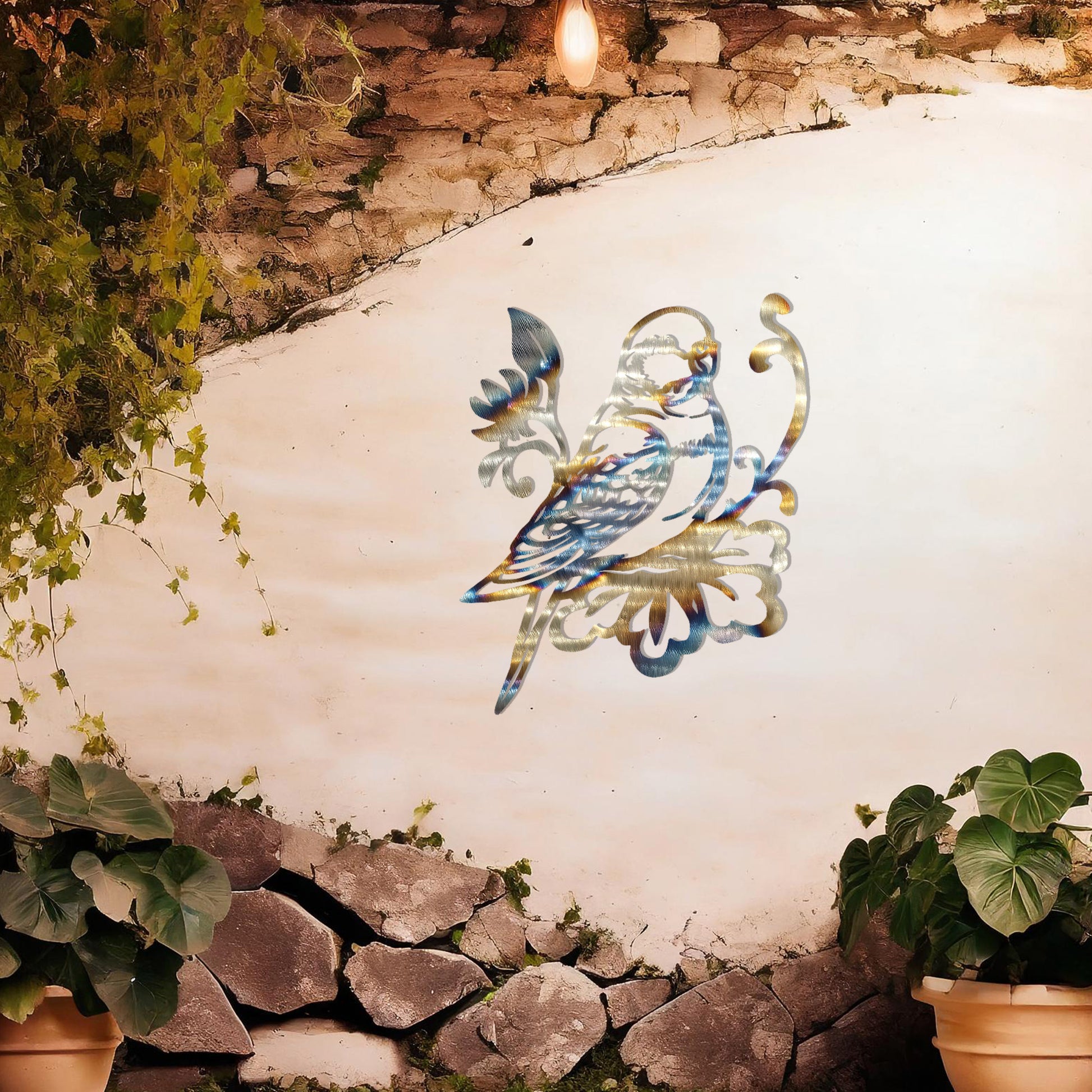 This image features a beautifully designed parrot perched on a floral motif. The bird's detailed feathers and the intricate floral elements create a graceful, organic feel. This would make an elegant and peaceful addition to any space.