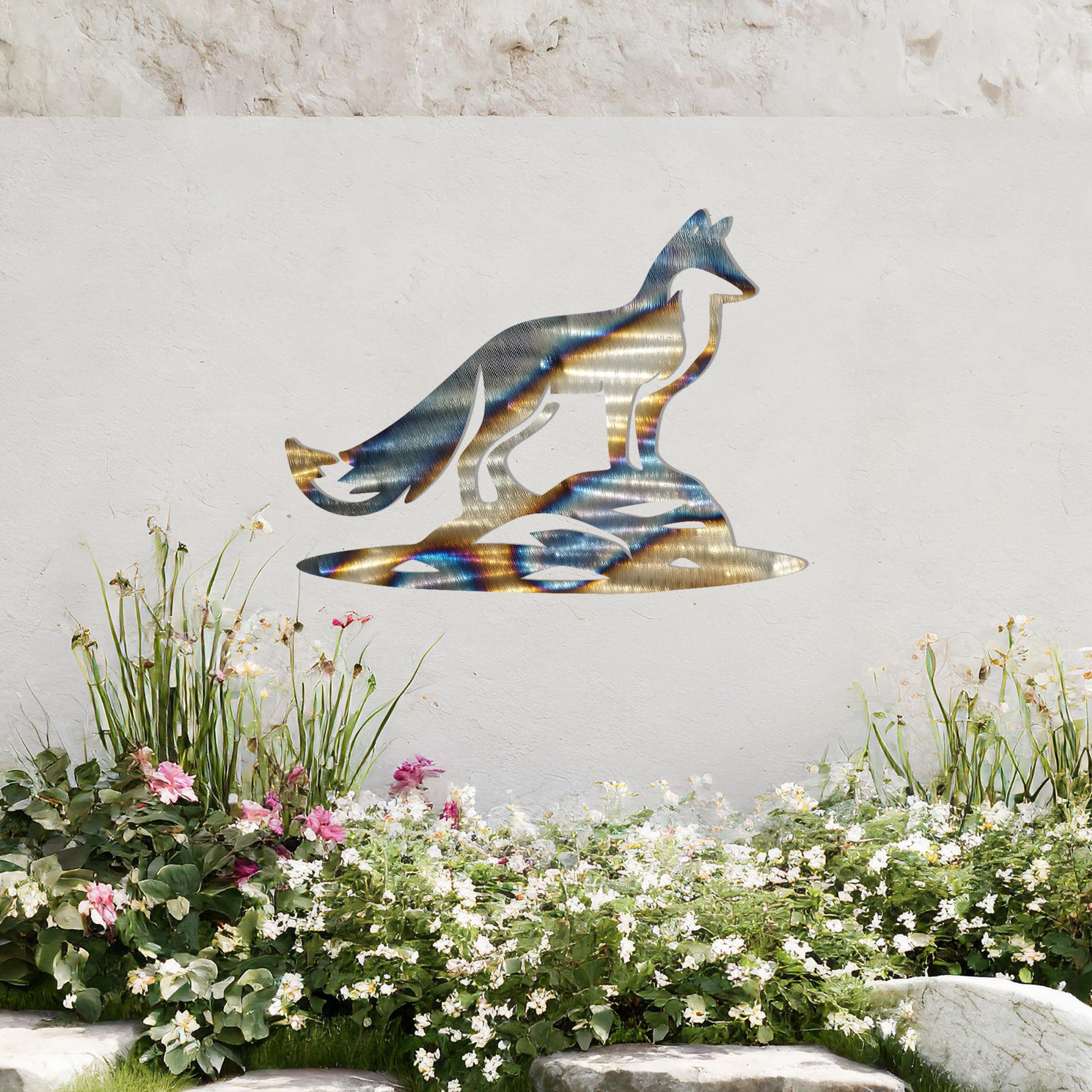 This design features a fox standing on a rocky surface, exuding a sense of vigilance and strength. The sleek and artistic cut highlights the fox's majestic posture, making it an eye-catching addition to any wall decor.