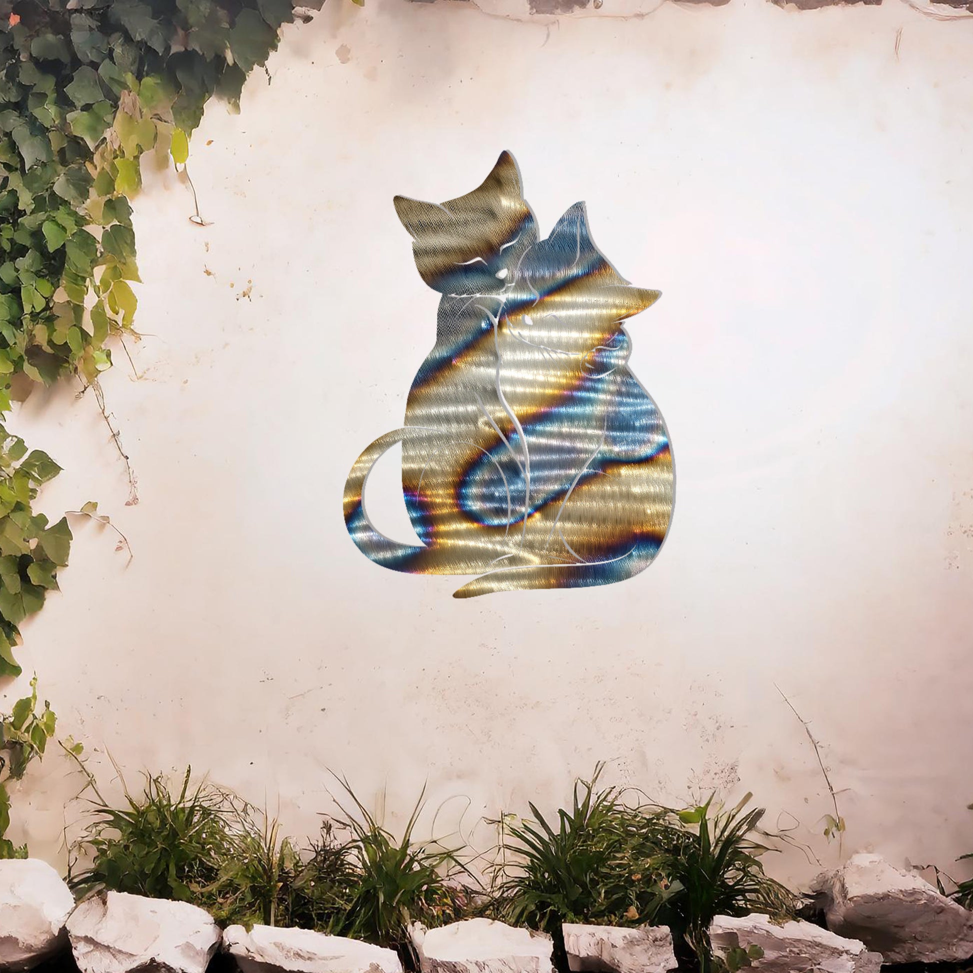 This design showcases two affectionate cats sitting closely together, creating an elegant and heartwarming silhouette. Their graceful posture and intertwined tails evoke a sense of companionship, making this piece perfect for cat lovers.