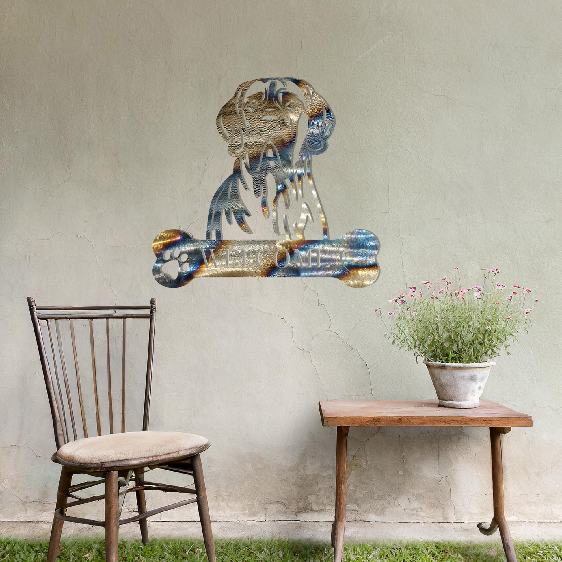Metal Great Dane dog design with a bone-shaped 'WELCOME' text and paw prints, perfect for adding a noble and welcoming touch to entryways or outdoor spaces.
