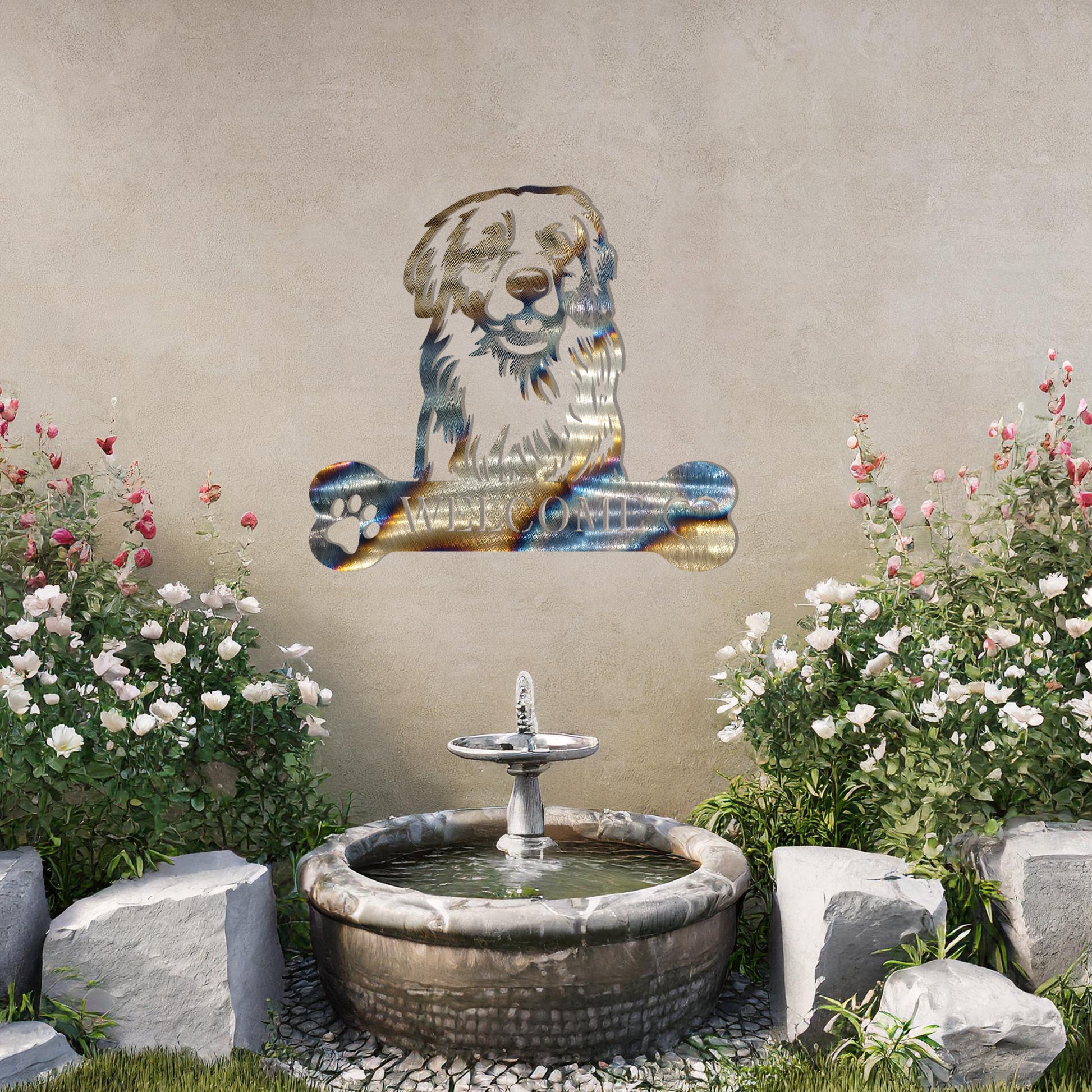 Metal Golden Retriever dog design with a bone-shaped 'WELCOME' text and paw prints, perfect for adding a friendly and welcoming touch to entryways or outdoor spaces.
