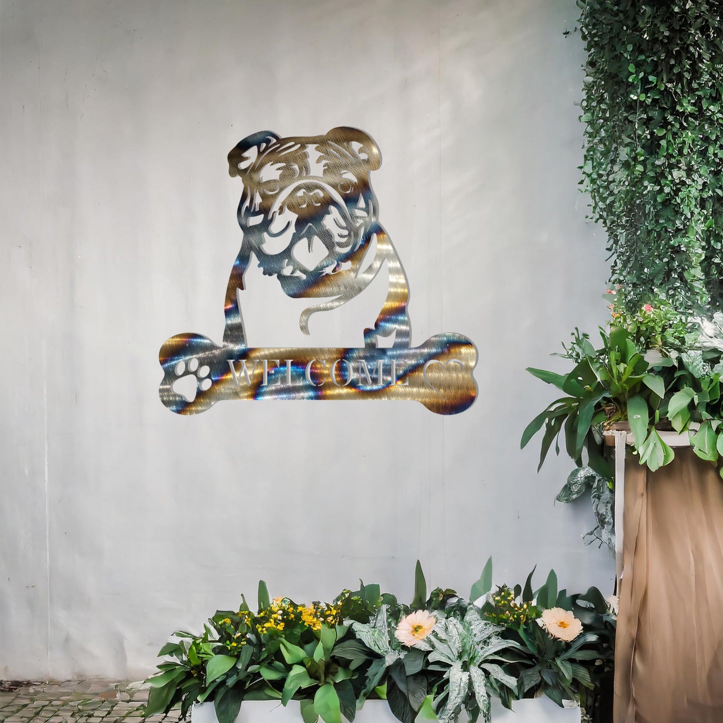Metal Bulldog dog design with a bone-shaped 'WELCOME' text and paw prints, perfect for adding a friendly and welcoming touch to entryways or outdoor spaces.