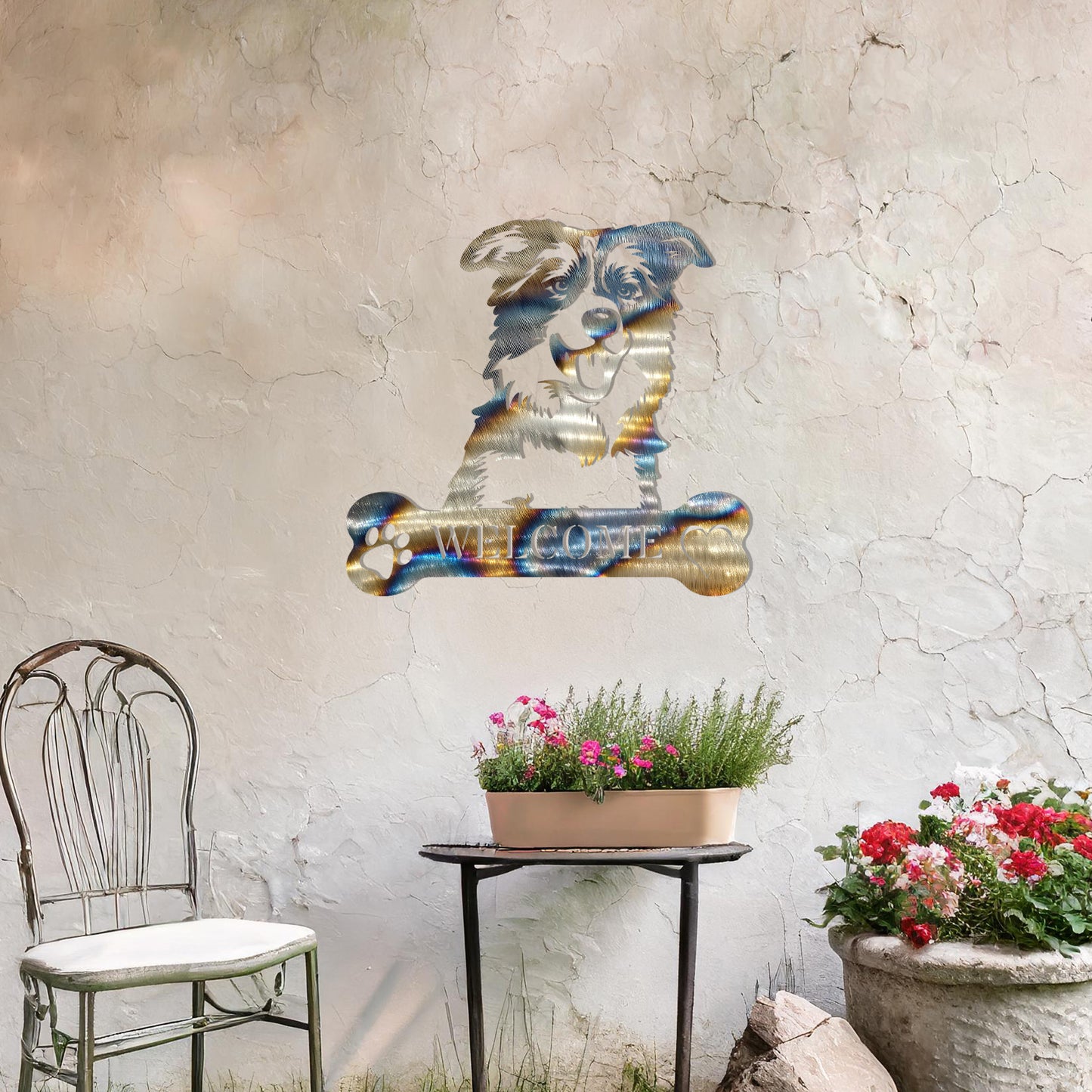 Metal Border Collie dog design with a bone-shaped 'WELCOME' text and paw prints, perfect for adding a friendly and welcoming touch to entryways or outdoor spaces.