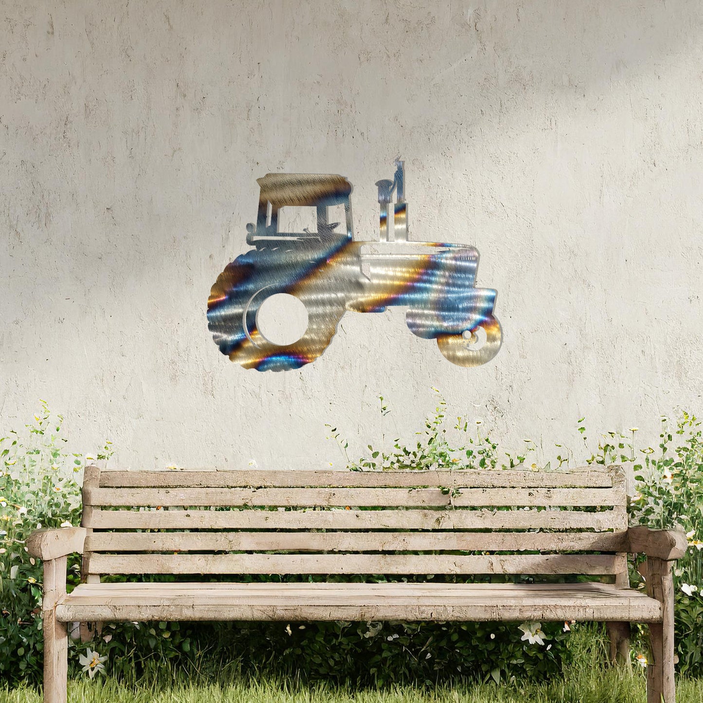 This is a silhouette-style metal wall art design featuring a classic tractor. Perfect for agriculture enthusiasts or as rustic decor for homes or gardens, it adds a touch of countryside charm to any setting.