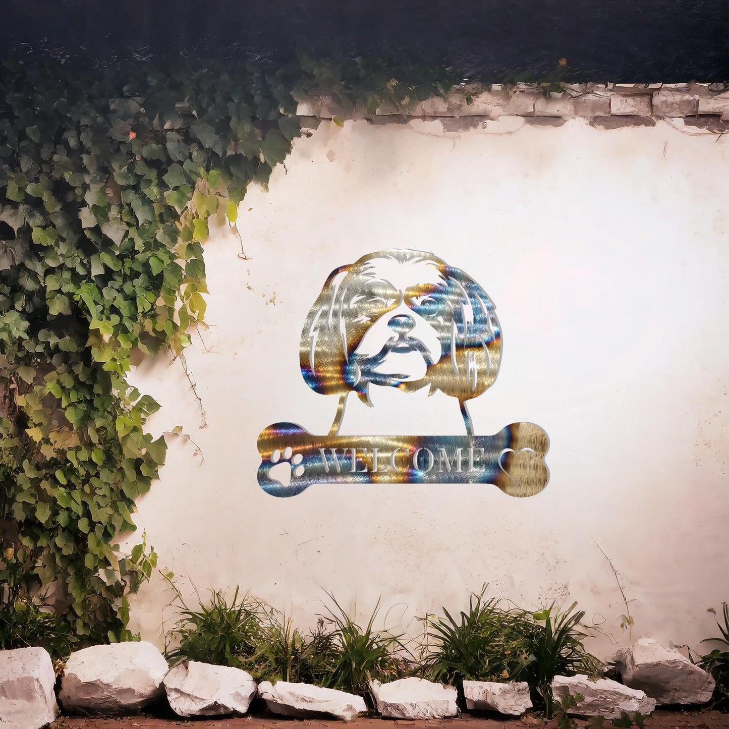 Metal Shih Tzu dog design with a bone-shaped 'WELCOME' text and paw prints, perfect for adding a charming and welcoming touch to entryways or outdoor spaces.