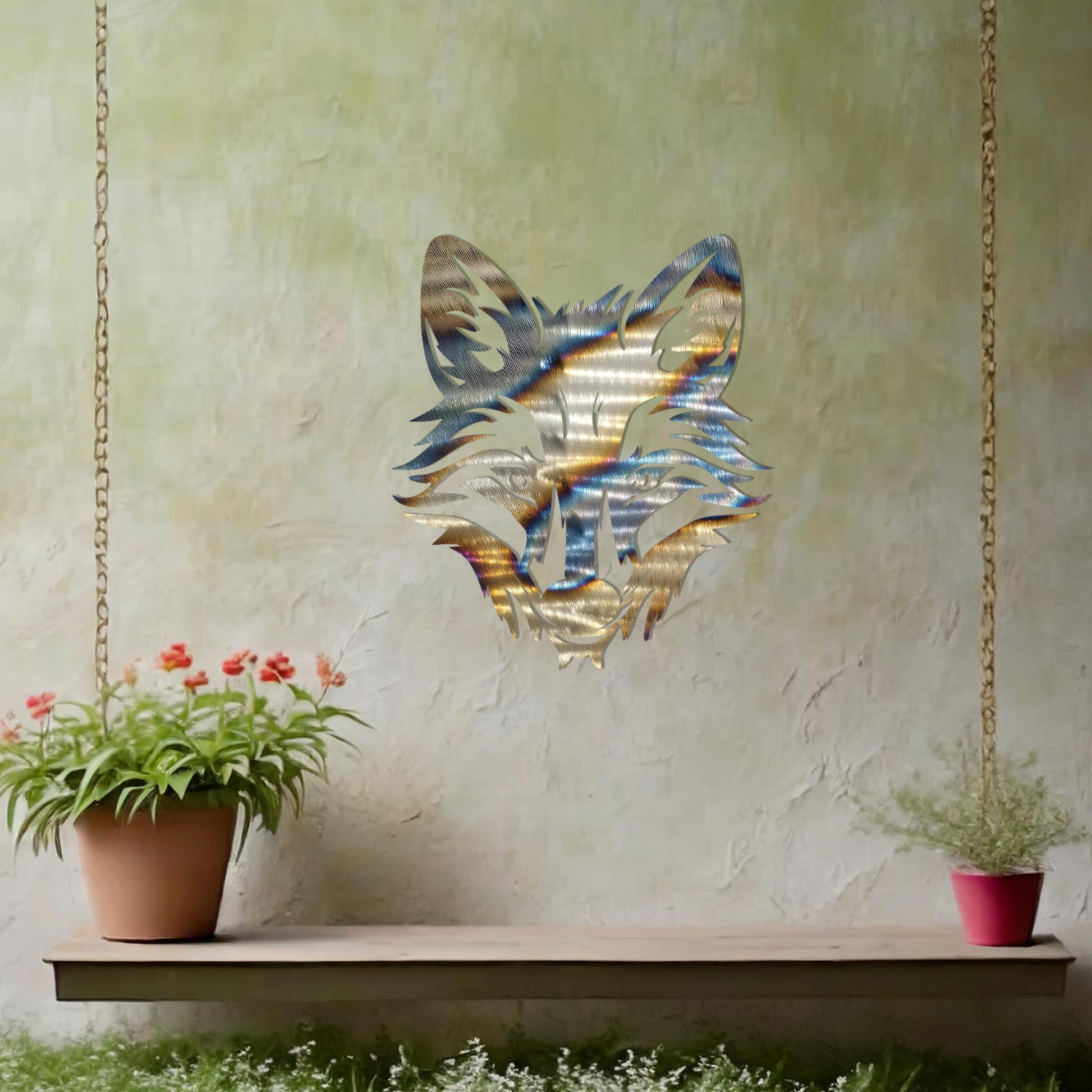 A captivating metal wall art design of a fox's face, intricately crafted with sharp lines and elegant details, representing grace and cunning. Ideal for enhancing interiors with a touch of the wild.
