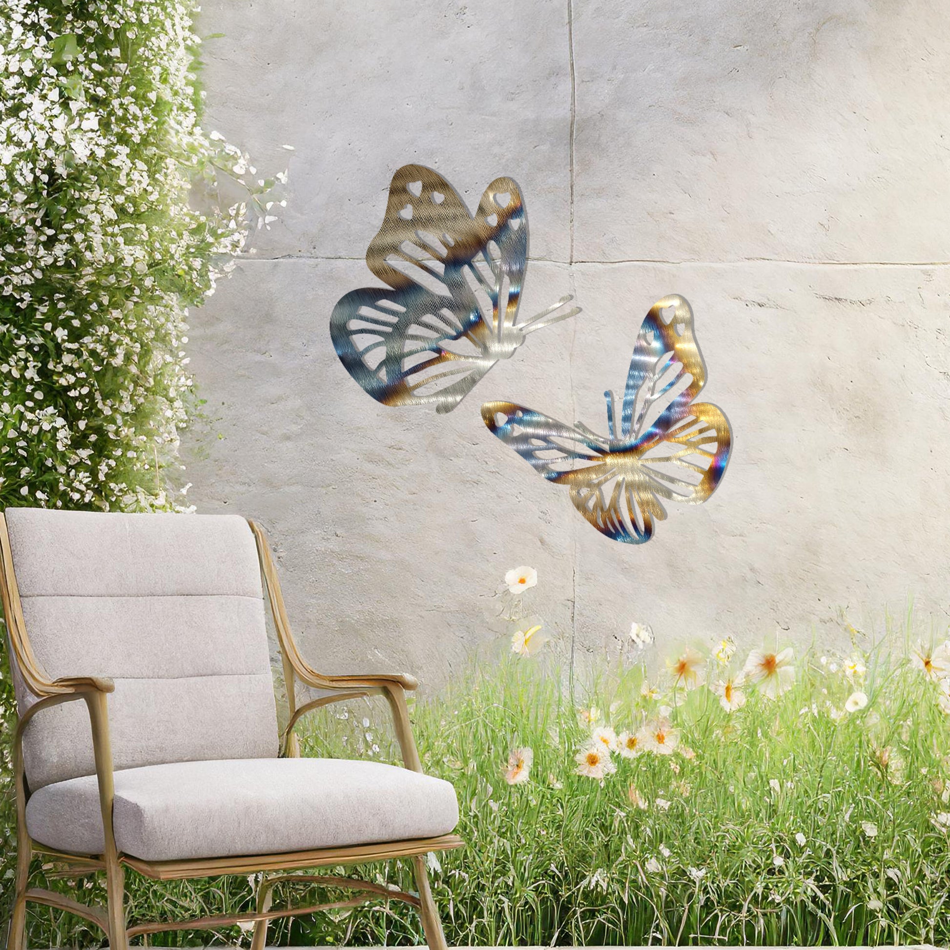 This design showcases a pair of intricately detailed butterflies in flight, their delicate wings adorned with heart-shaped accents. A charming addition to any space, celebrating the beauty of nature and the grace of butterflies.