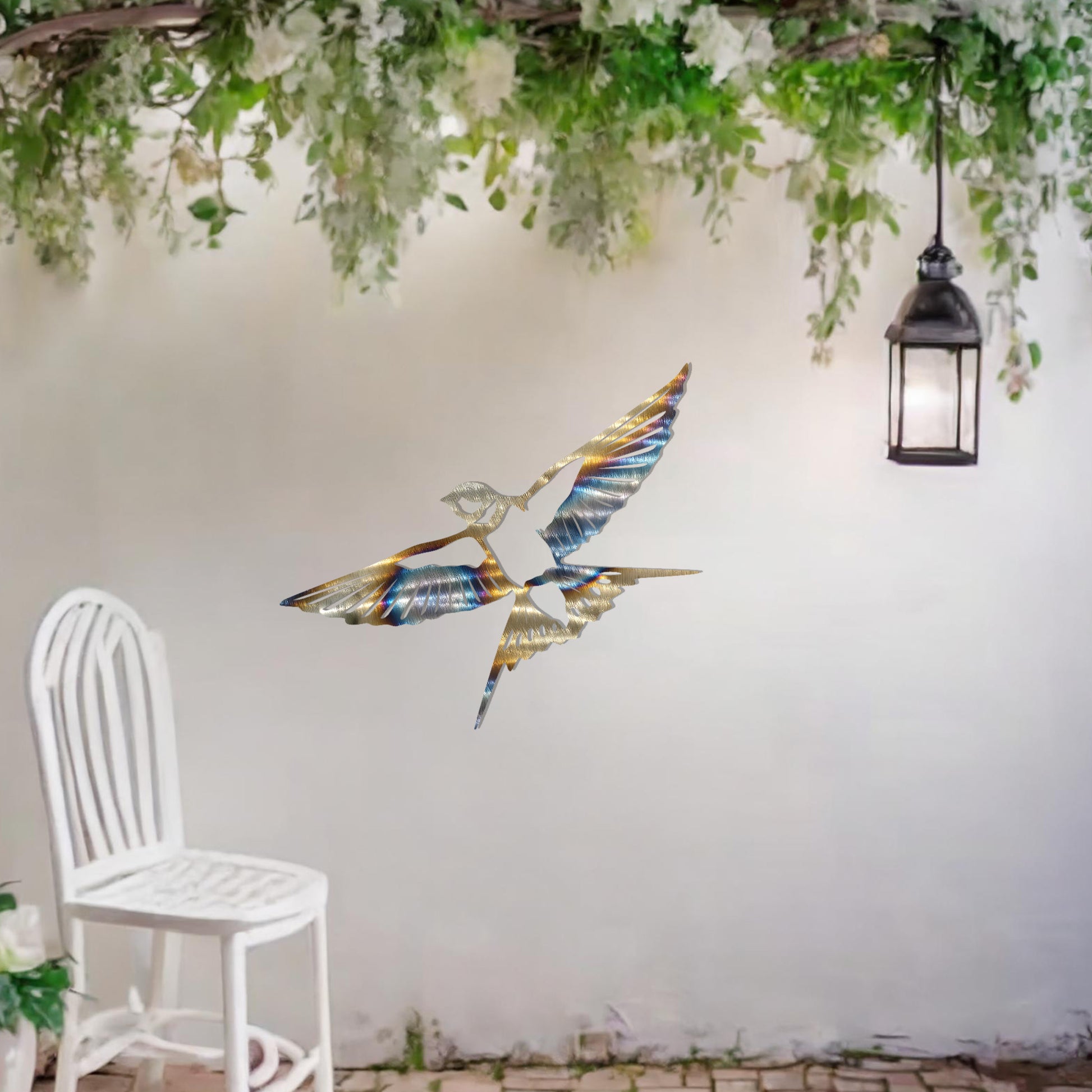 Metal garden decoration featuring a bird in mid-flight with detailed wings and tail, elegantly designed to bring a touch of nature-inspired charm and artistry to outdoor walls or garden settings.