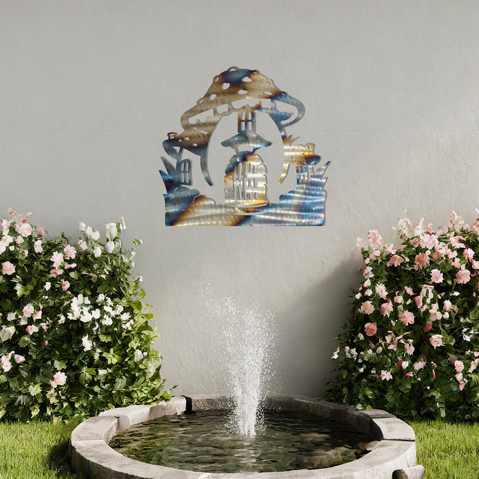 Metal garden decoration featuring a whimsical mushroom house design with intricate windows, a detailed door, and playful accents, adding a touch of fairy-tale charm and creativity to outdoor spaces.
