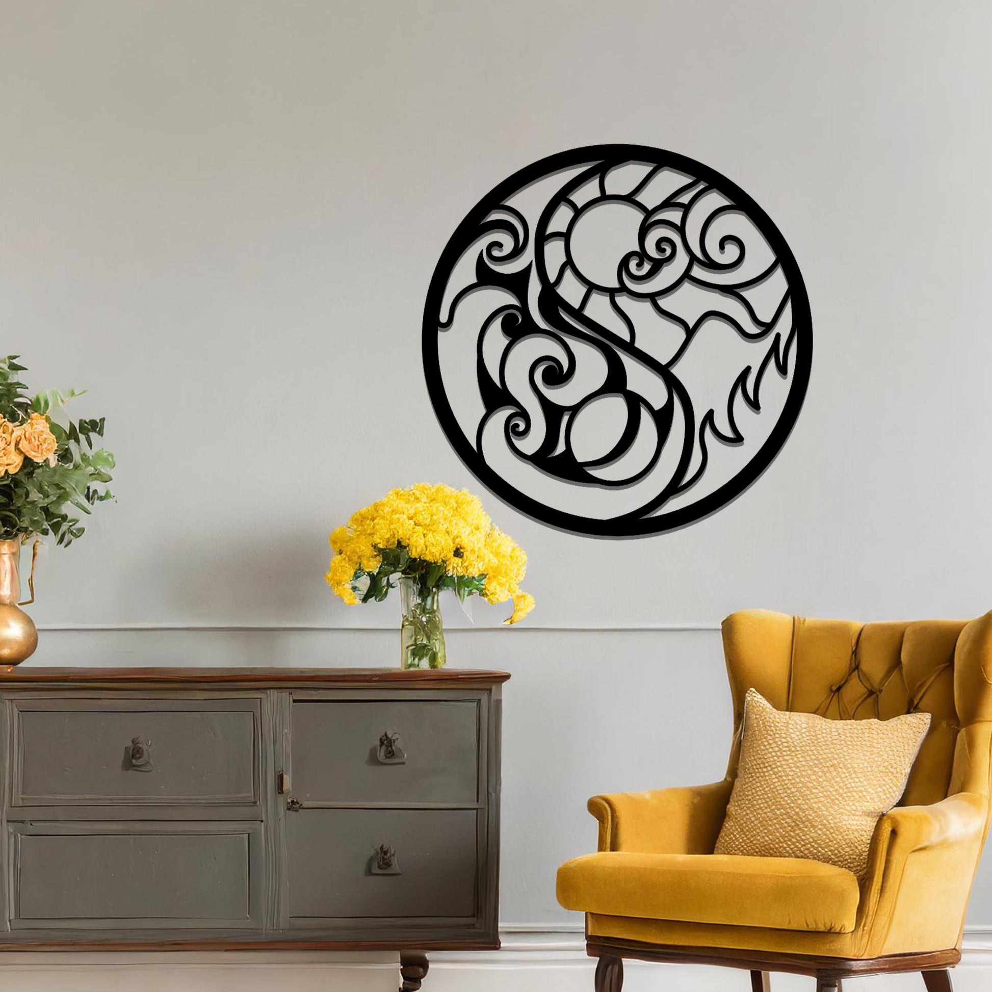 Intricate swirling design forming a circular shape, with dynamic lines representing movement and contrast. The art is displayed on a neutral wall in a stylish room with modern decor and vibrant flowers.