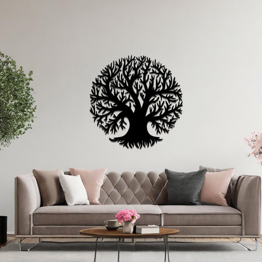 Metal wall art featuring a circular tree design with intricate branches and roots, crafted with precise laser-cut detailing, placed on a neutral wall within modern decor.