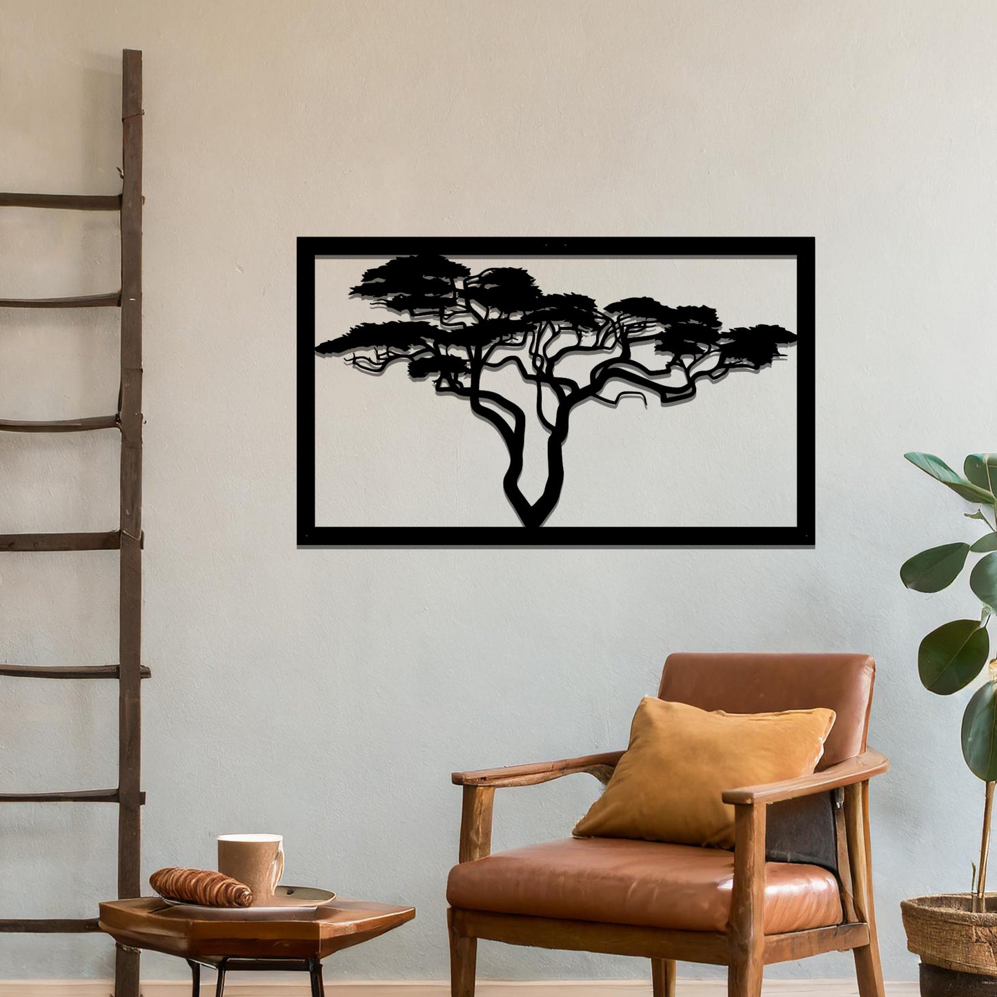 Metal wall art featuring a rectangular design with a silhouette of an African tree, showcasing intricate branch details, mounted on a neutral wall within modern office decor. The elegant craftsmanship adds a natural and sophisticated touch to the contemporary workspace.