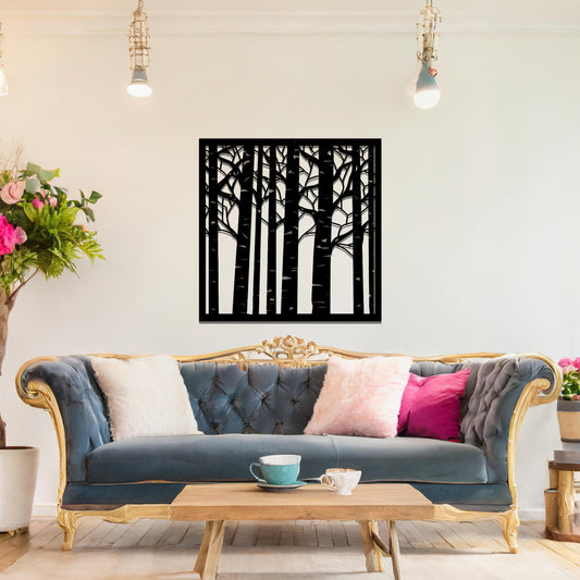 Metal wall art featuring a square design with a detailed forest of tall birch trees, mounted on a neutral wall within modern decor. The intricate silhouette adds a natural and elegant focal point to the room.
