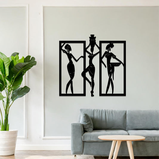 A metal wall art design featuring a single, elegant figure of a woman in a fashionable pose, framed in modern lines. The artwork is placed on a neutral wall, adding a stylish touch to the contemporary living room setting.