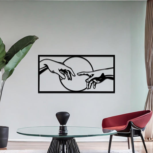 Inspired by Michelangelo’s "Creation of Adam," this artistic design captures the iconic moment of two hands almost touching within a circular frame. A timeless representation of connection and artistry.