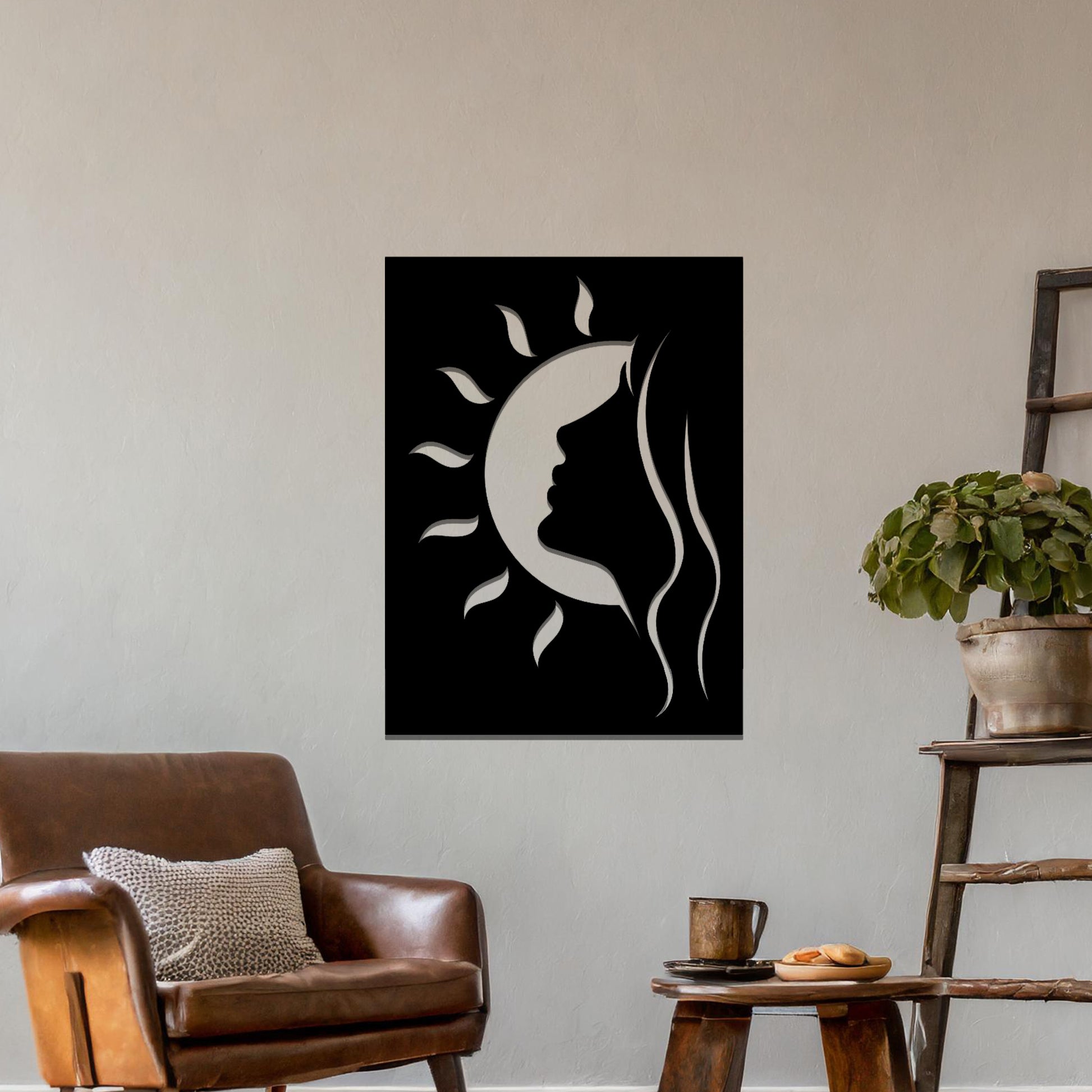 Wall art design featuring the profile of a woman's face combined with a crescent moon and sun rays, creating a harmonious celestial-themed silhouette.