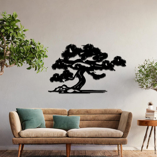 Metal wall art showcasing a serene bonsai tree design with flowing branches and a textured trunk, adding an artistic and calming element to the living space.
