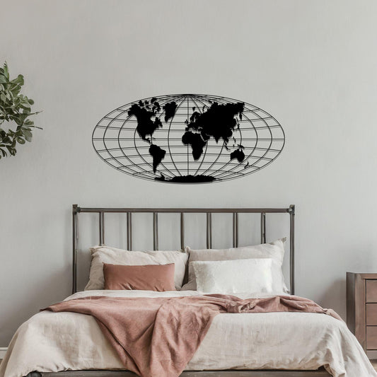Metal wall art featuring a detailed world map design within an oval grid pattern, crafted with precise laser-cut techniques, displayed on a neutral wall within modern decor.