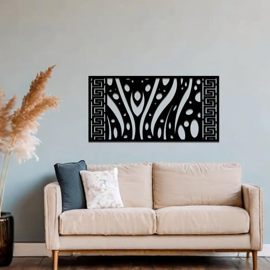 Metal wall art featuring an abstract design with flowing curves and geometric patterns. The artwork is placed on a neutral wall within a modern living room setting, adding an artistic and bold touch to contemporary decor.