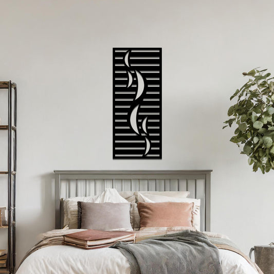 A sleek and modern metal wall art design featuring curving abstract shapes set against horizontal stripes, creating a dynamic and contemporary look. The artwork is displayed on a neutral wall within a stylish, minimalistic setting.
