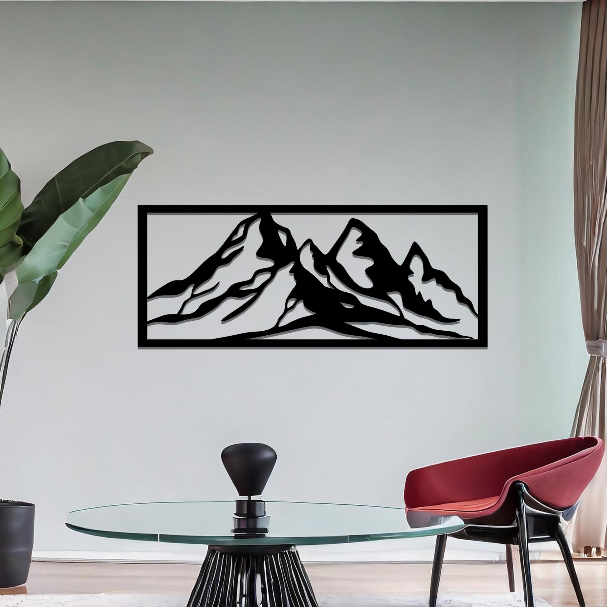 A captivating wall art design featuring a majestic mountain range, crafted with clean lines and artistic contours to evoke a sense of adventure and natural beauty. Perfect for enhancing your interior aesthetic.