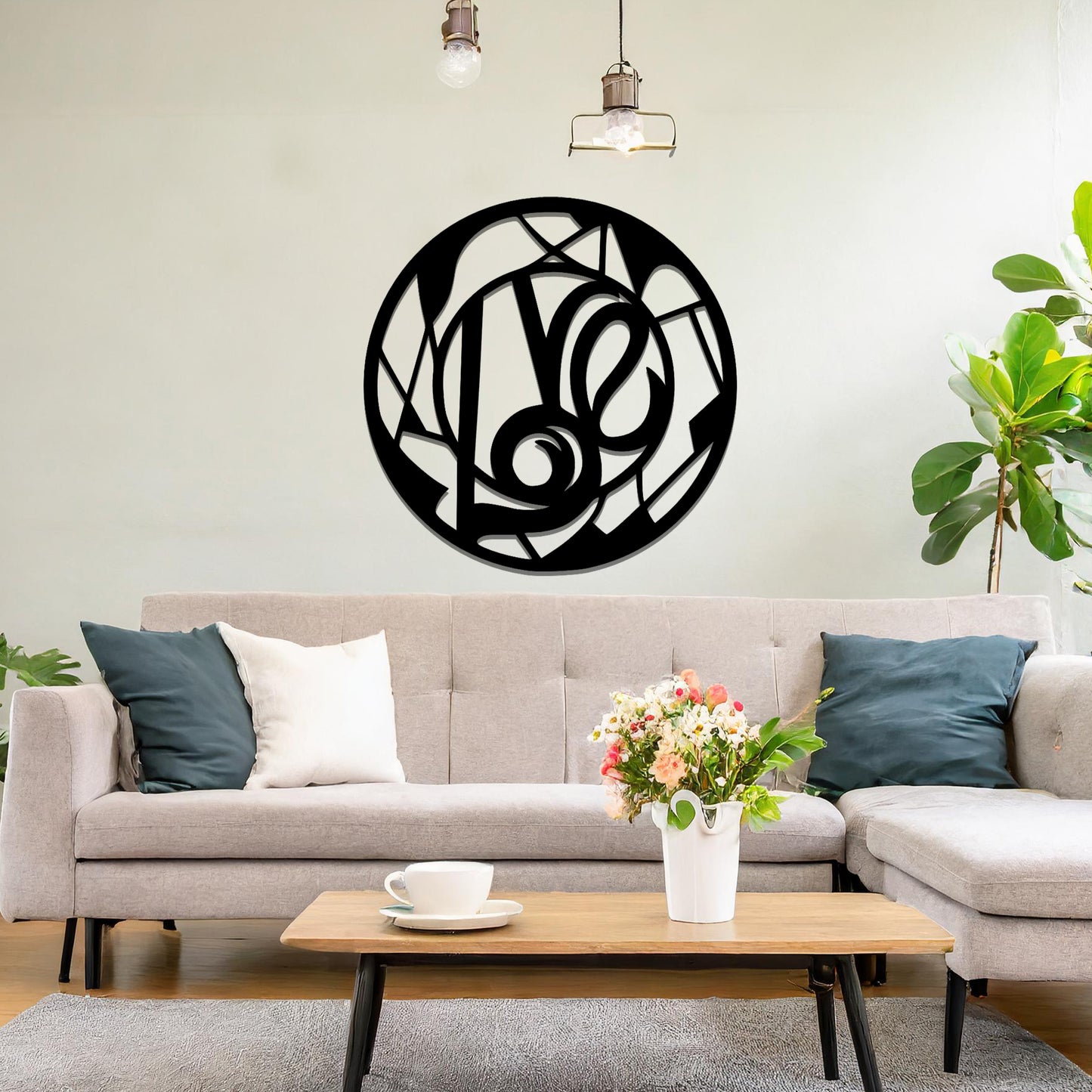 A modern love-themed wall art design, featuring abstract lines and curves forming the word "Love" within a circular frame. This elegant piece adds a touch of romance and sophistication to any interior.