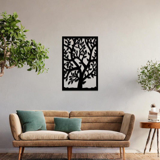 Metal wall art featuring a rectangular design with a stylised tree motif, showcasing intricate branches and leaves, mounted on a neutral wall within modern room decor. The detailed craftsmanship and minimalist design enhance the contemporary elegance of the space.